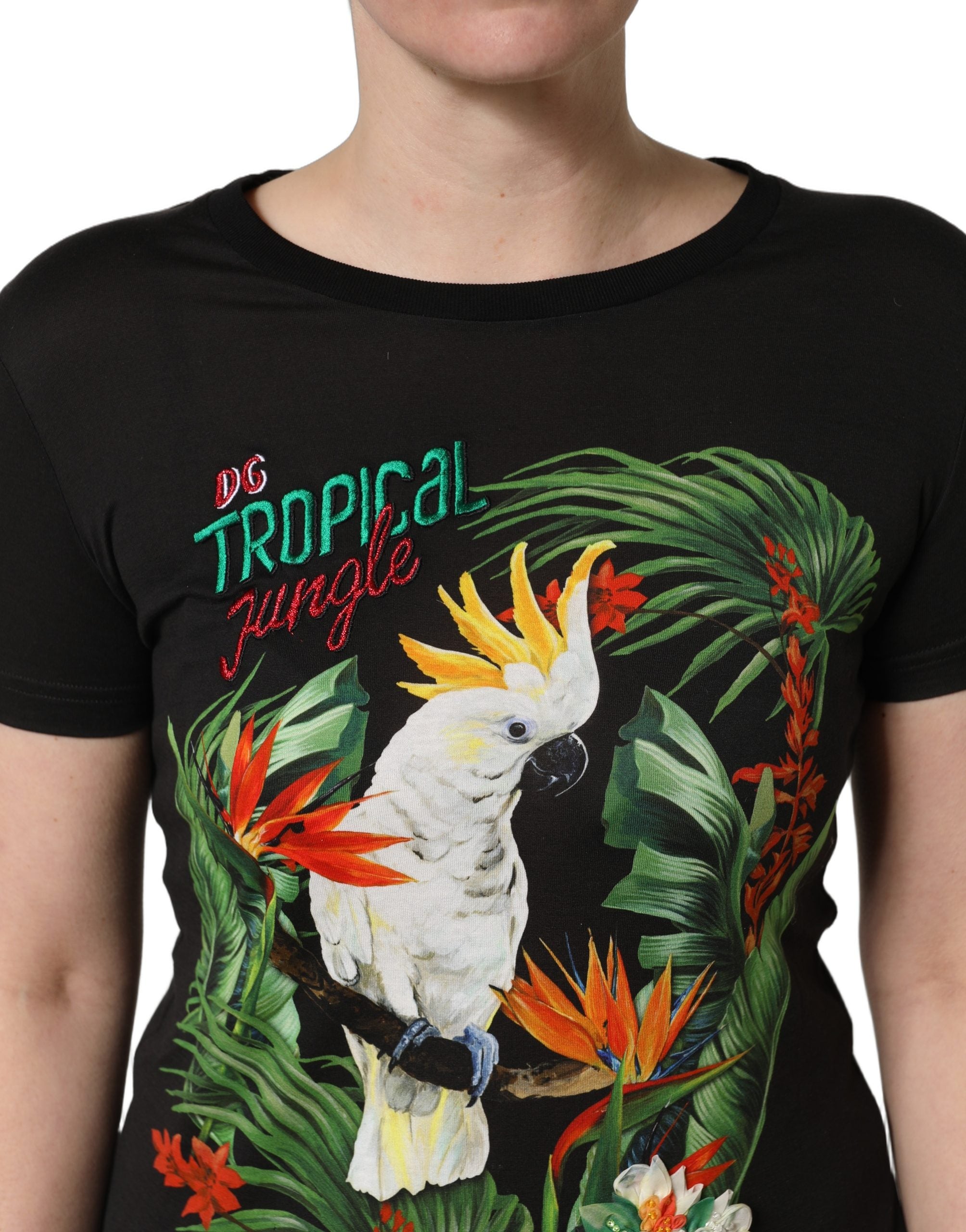 Dolce & Gabbana Black Tropical Print Cotton Round Neck T-Shirt Dolce & Gabbana