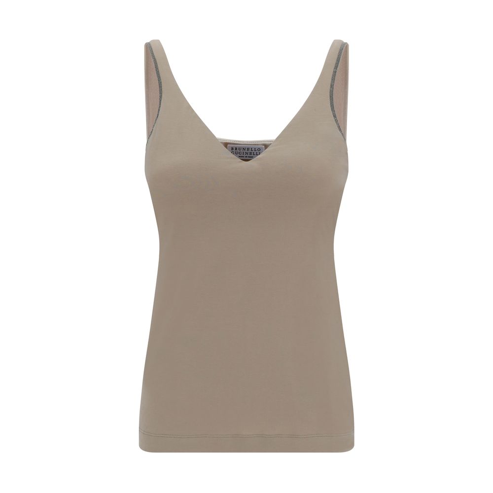 Brunello Cucinelli Beige Cotton Sleeveles T-Shirt Brunello Cucinelli