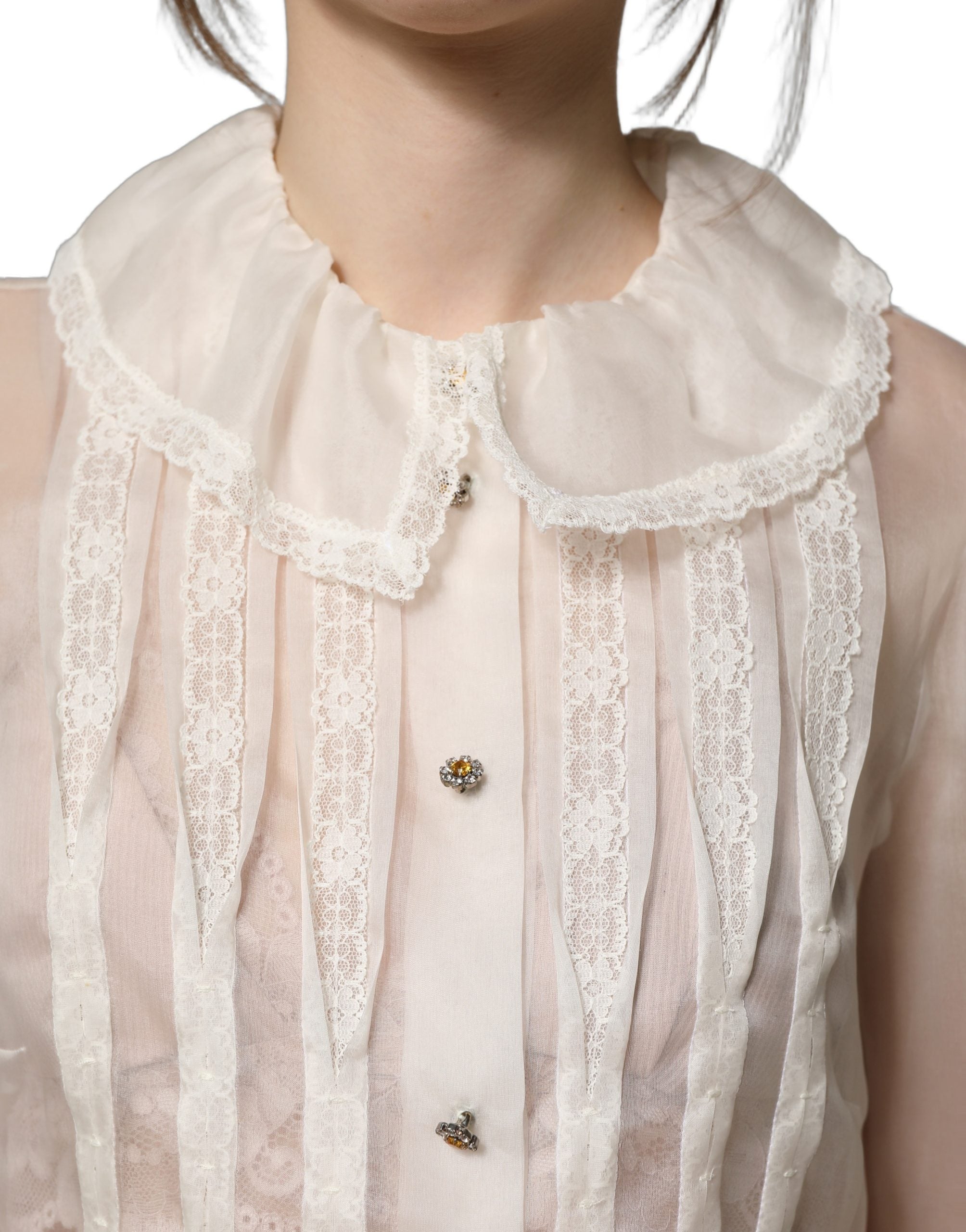 Dolce & Gabbana White Ruffled Sheer Silk Buttoned Blouse Top Dolce & Gabbana