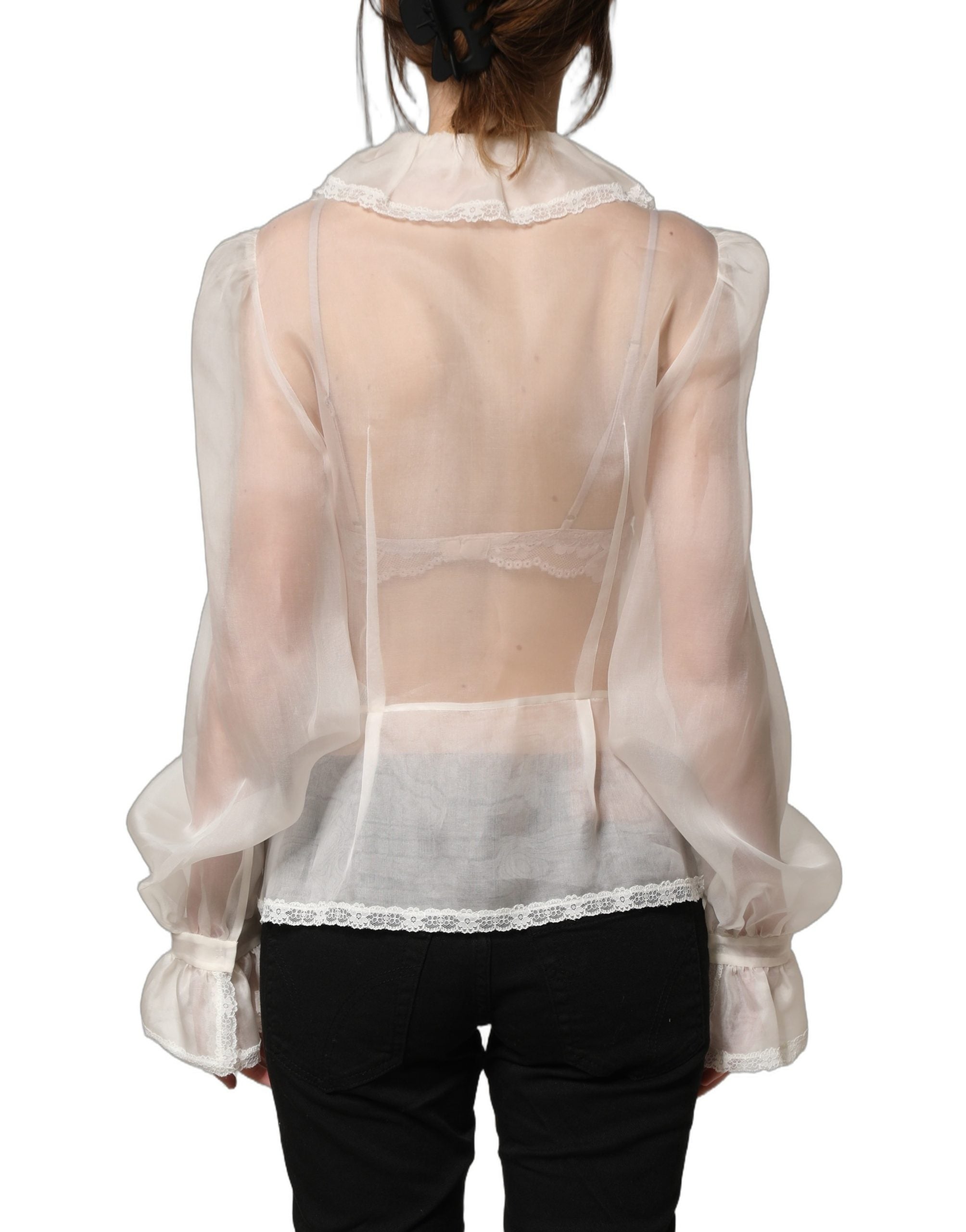 Dolce & Gabbana White Ruffled Sheer Silk Buttoned Blouse Top Dolce & Gabbana