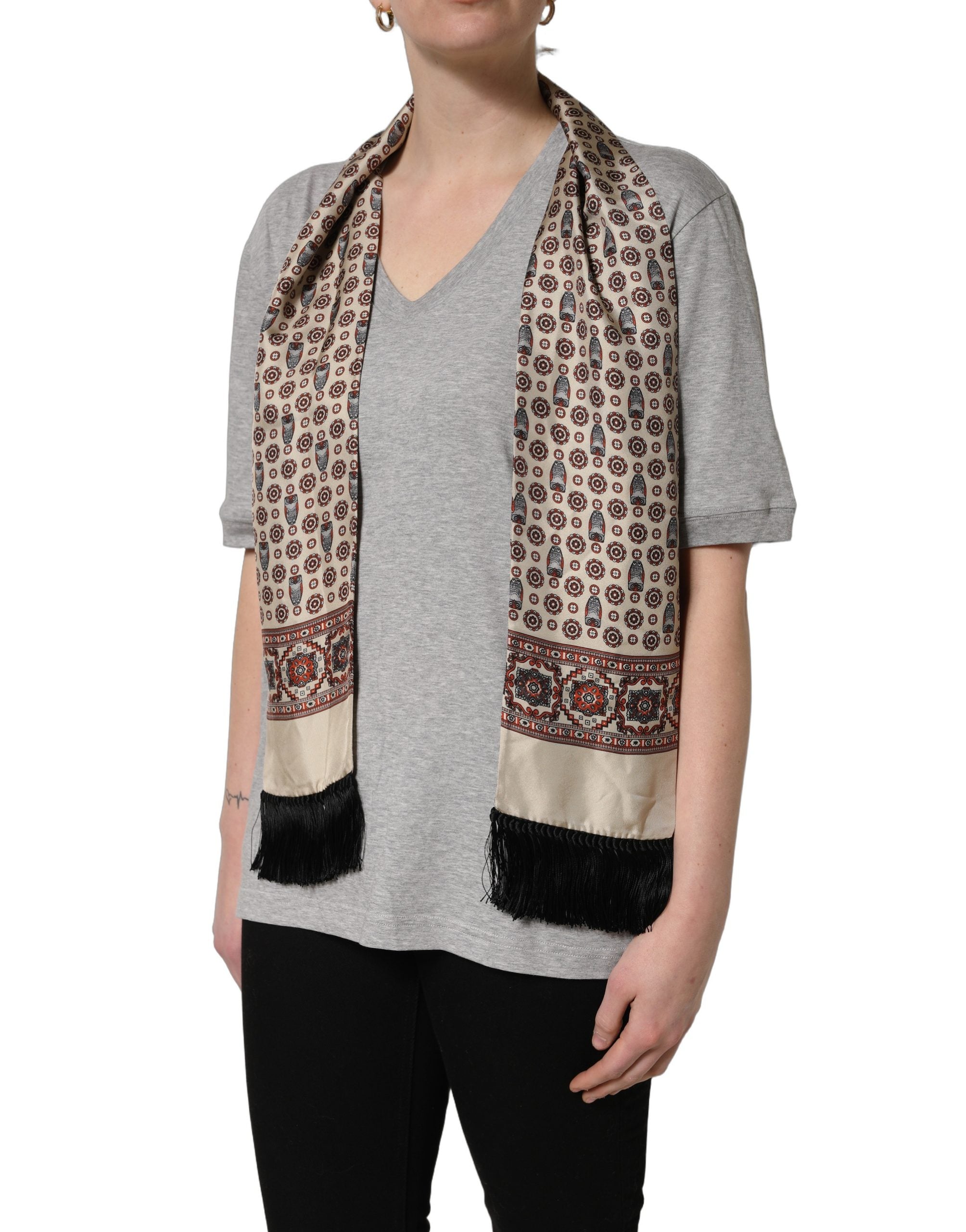 Dolce & Gabbana Gray Cotton V-neck Owl Silk Scarf Top T-shirt Dolce & Gabbana