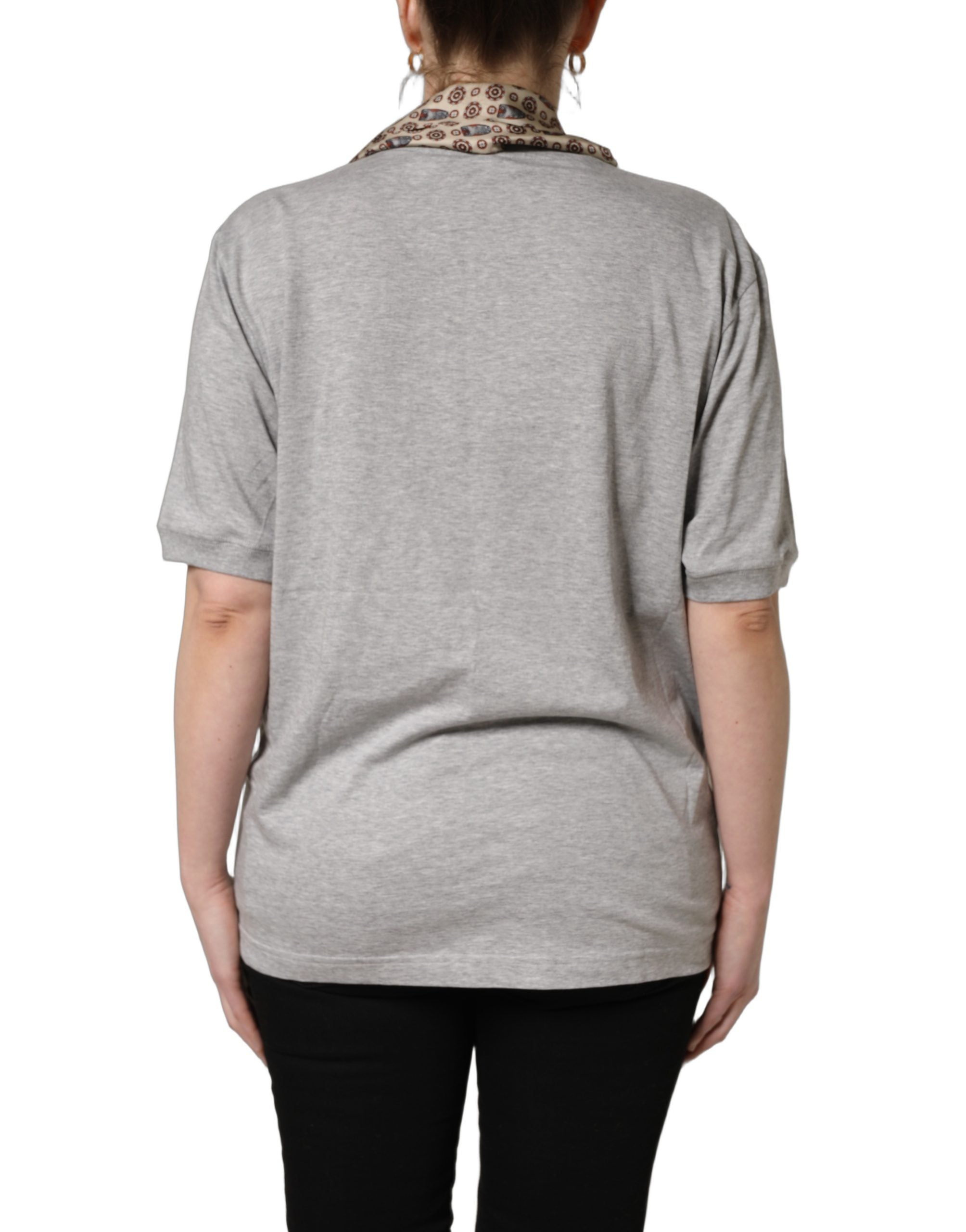 Dolce & Gabbana Gray Cotton V-neck Owl Silk Scarf Top T-shirt Dolce & Gabbana