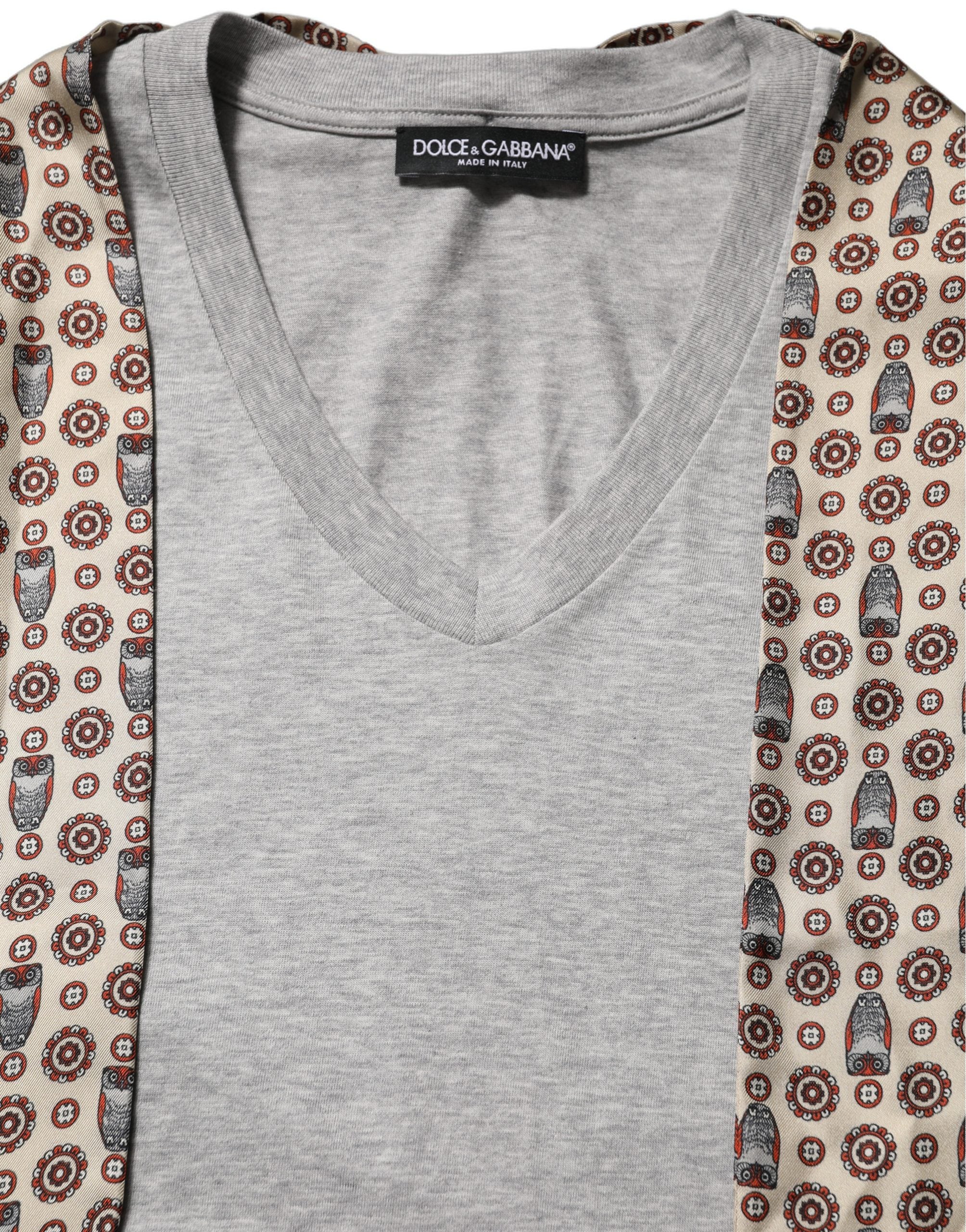 Dolce & Gabbana Gray Cotton V-neck Owl Silk Scarf Top T-shirt Dolce & Gabbana