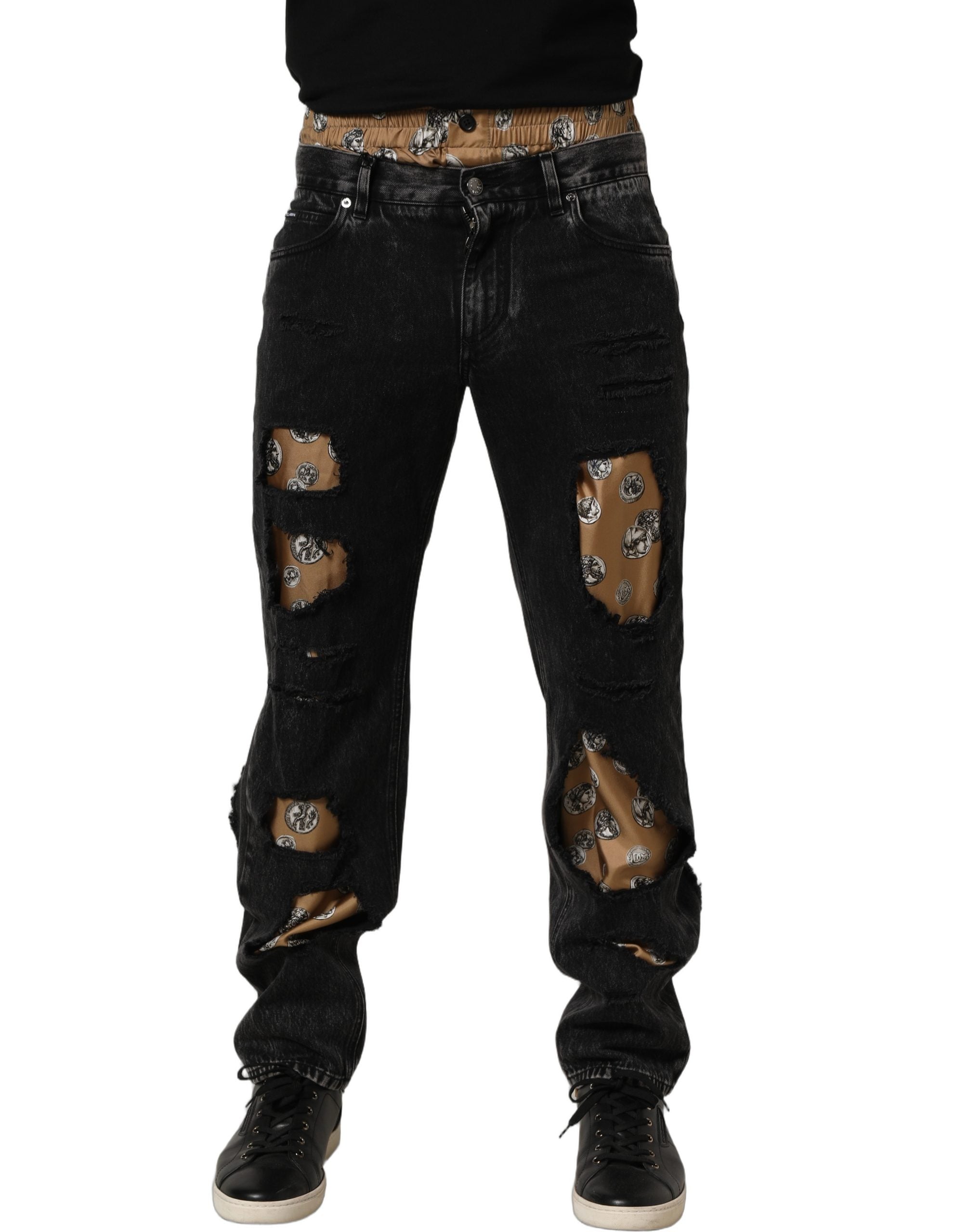Dolce & Gabbana Black Distressed Cotton Straight Denim Jeans Dolce & Gabbana