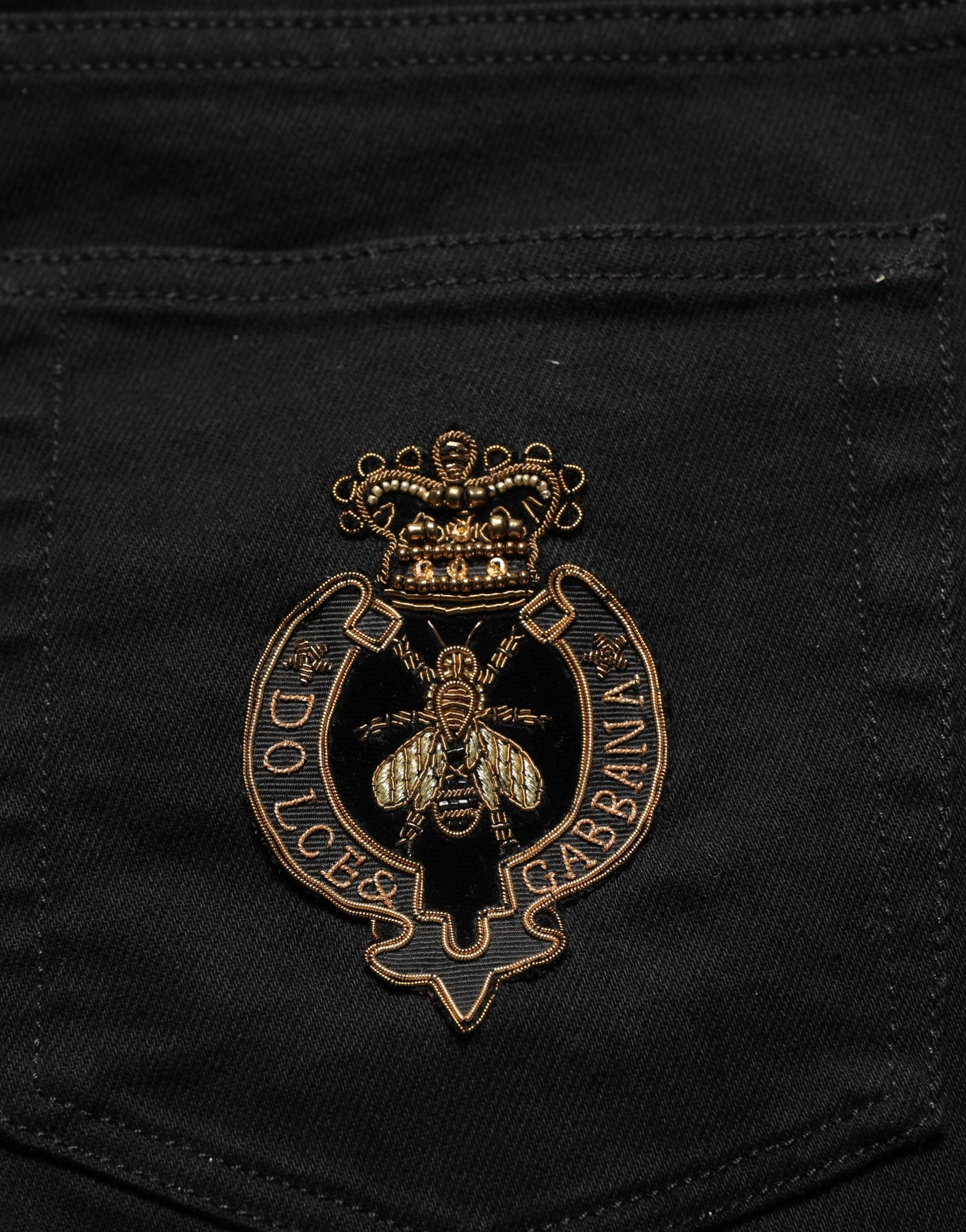 Dolce & Gabbana Black Heraldic Embroidered Skinny Denim Jeans Dolce & Gabbana