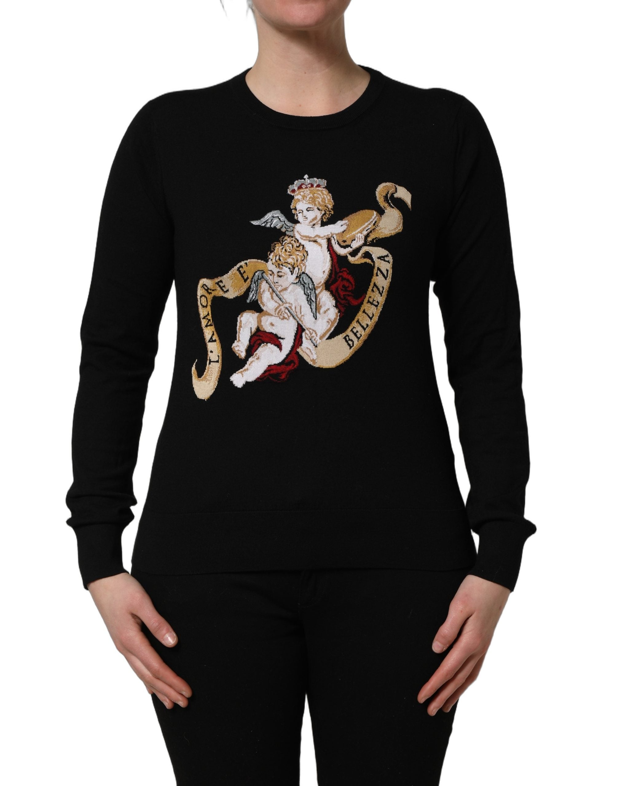 Dolce & Gabbana Black Angels Wool Crew Neck Pullover Sweater Dolce & Gabbana