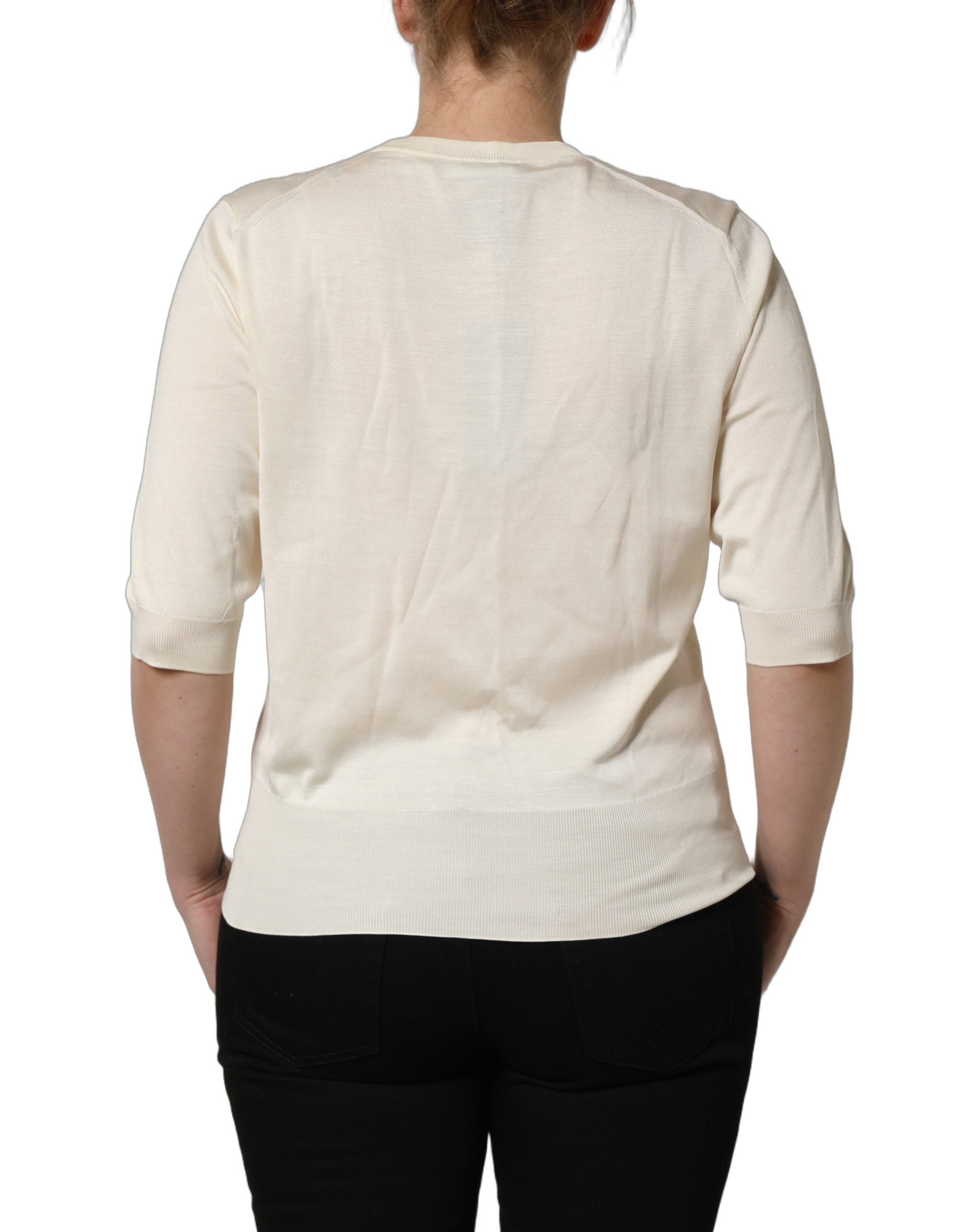 Dolce & Gabbana Off White 3/4 Sleeves Crewneck Pullover Sweater Dolce & Gabbana