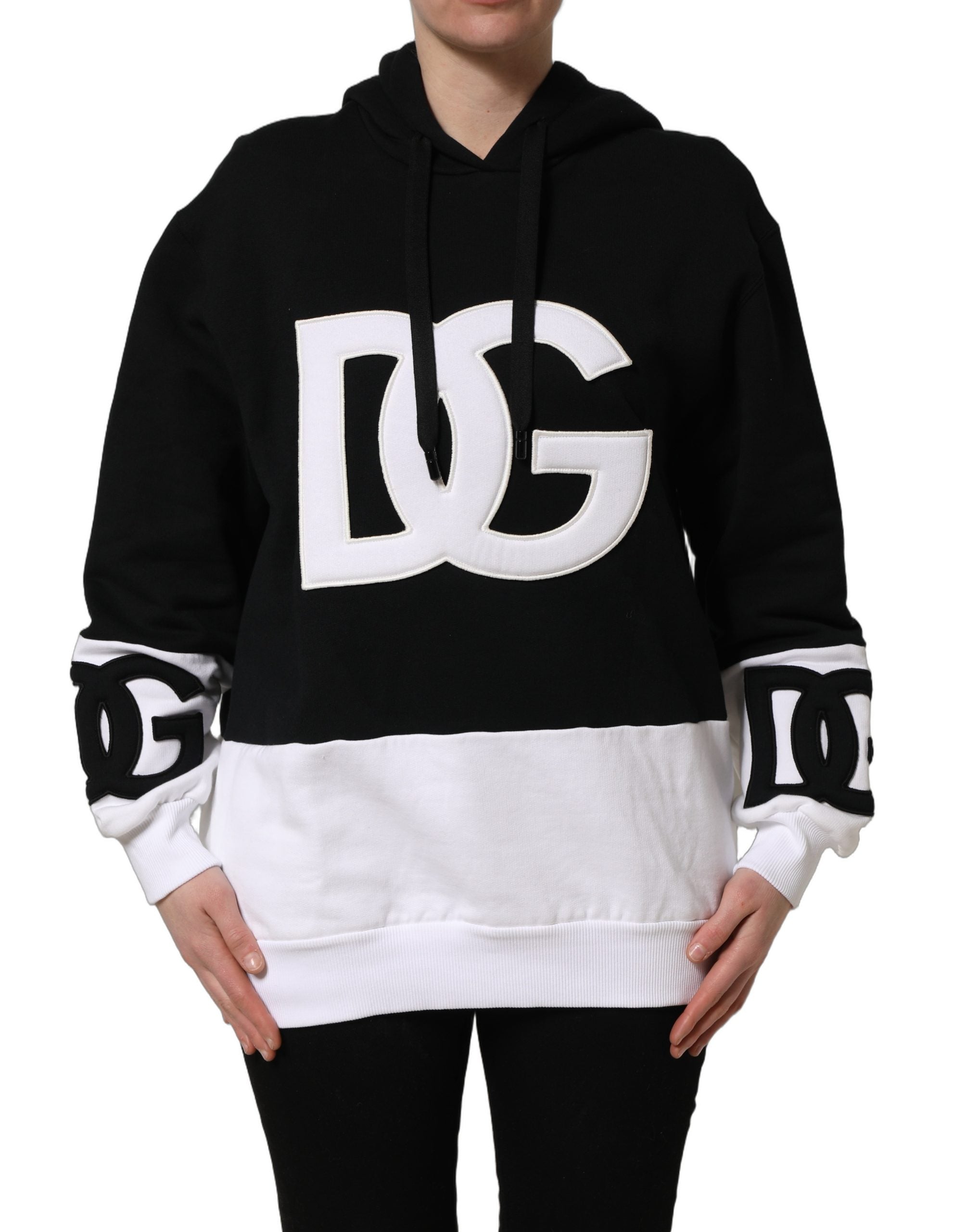 Dolce & Gabbana BlackWhite Appliqué Hooded Sweatshirt Sweater Dolce & Gabbana