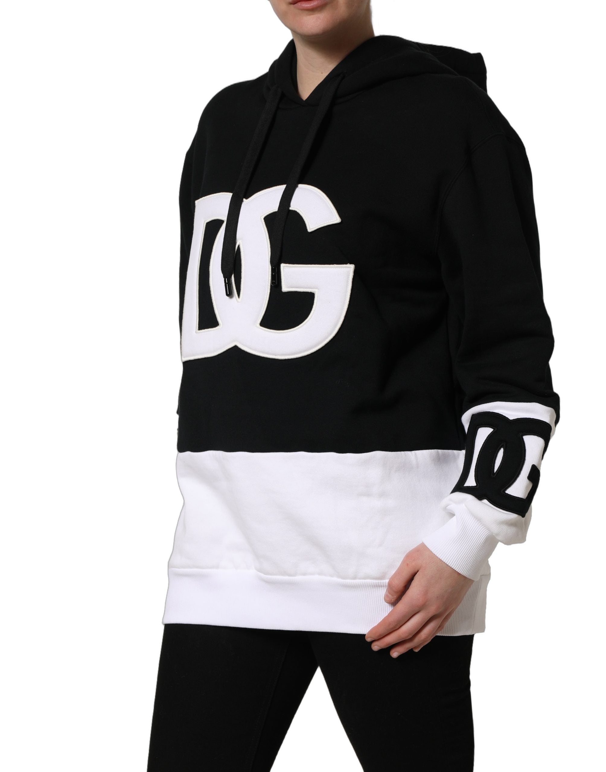 Dolce & Gabbana BlackWhite Appliqué Hooded Sweatshirt Sweater Dolce & Gabbana