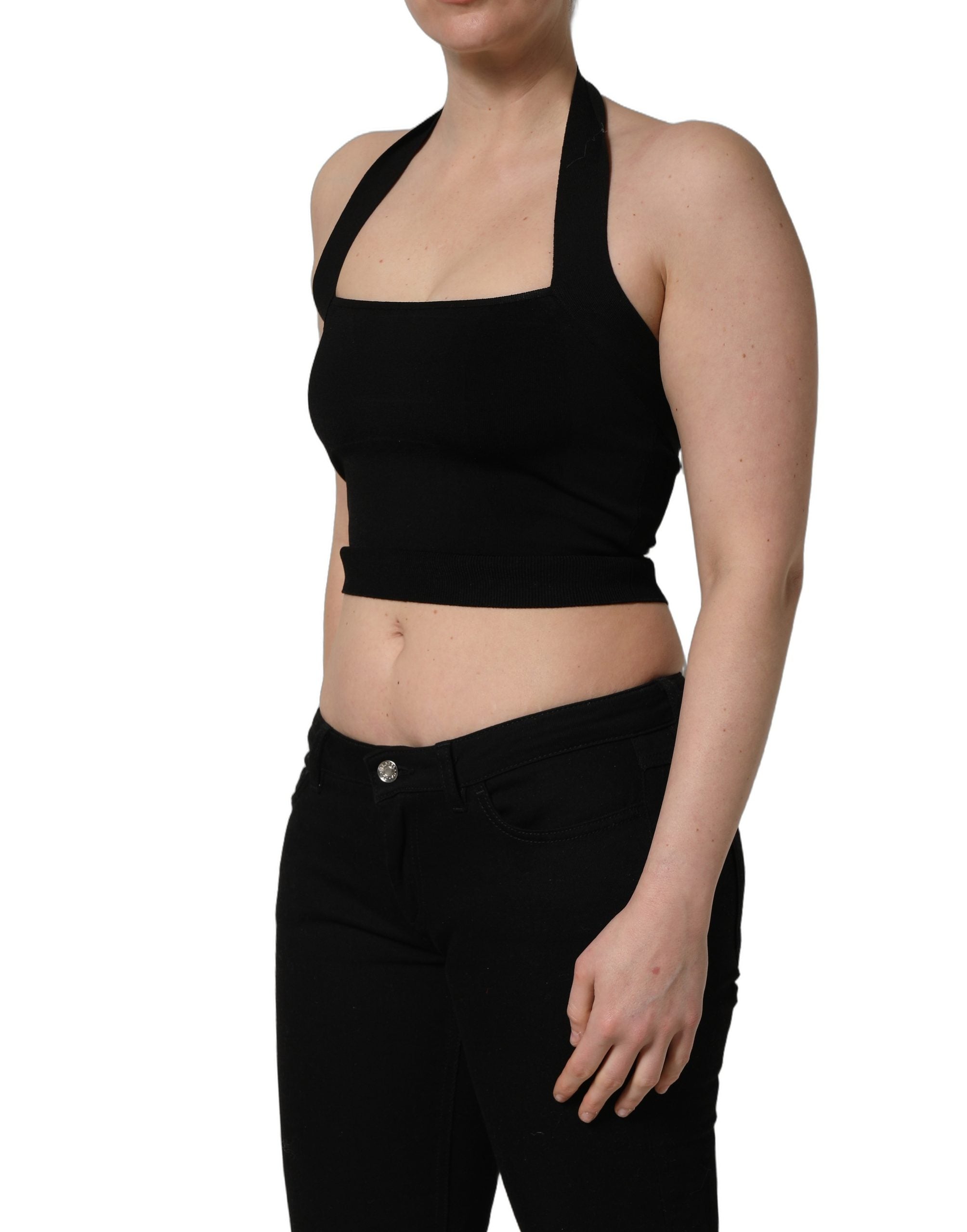 Dolce & Gabbana Black Square Neck Halter Cropped Tank Top Dolce & Gabbana