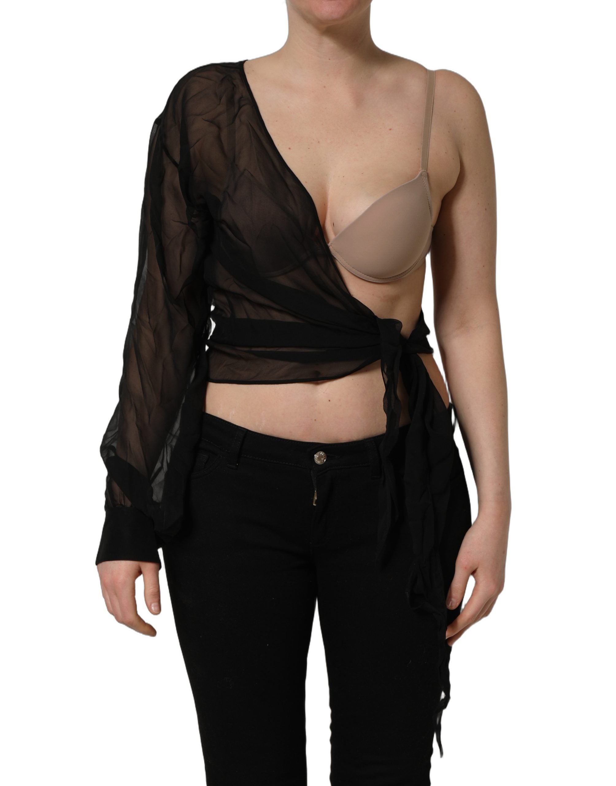 Dolce & Gabbana Black Wrap Sheer Chiffon One Shoulder Top Dolce & Gabbana