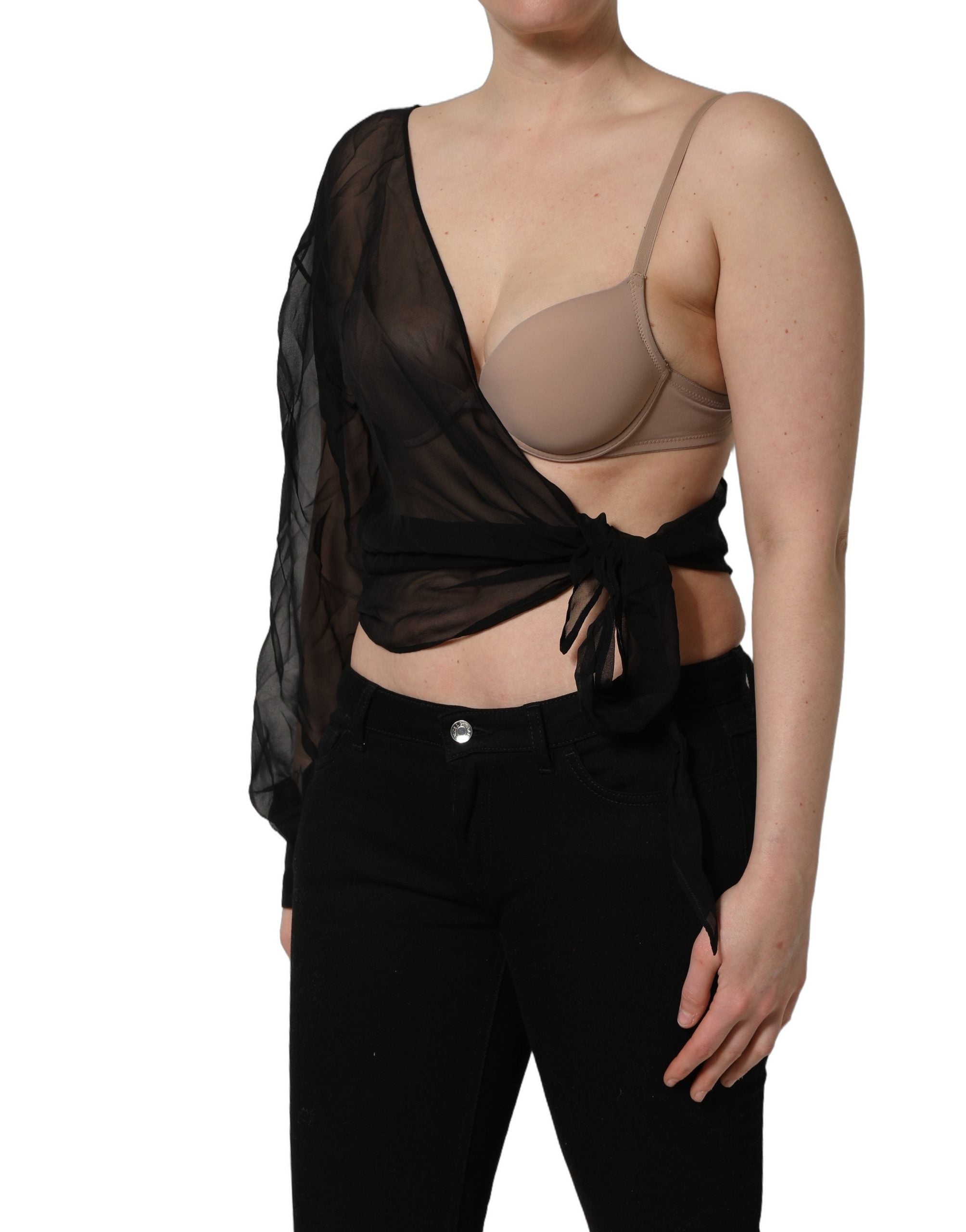 Dolce & Gabbana Black Wrap Sheer Chiffon One Shoulder Top Dolce & Gabbana