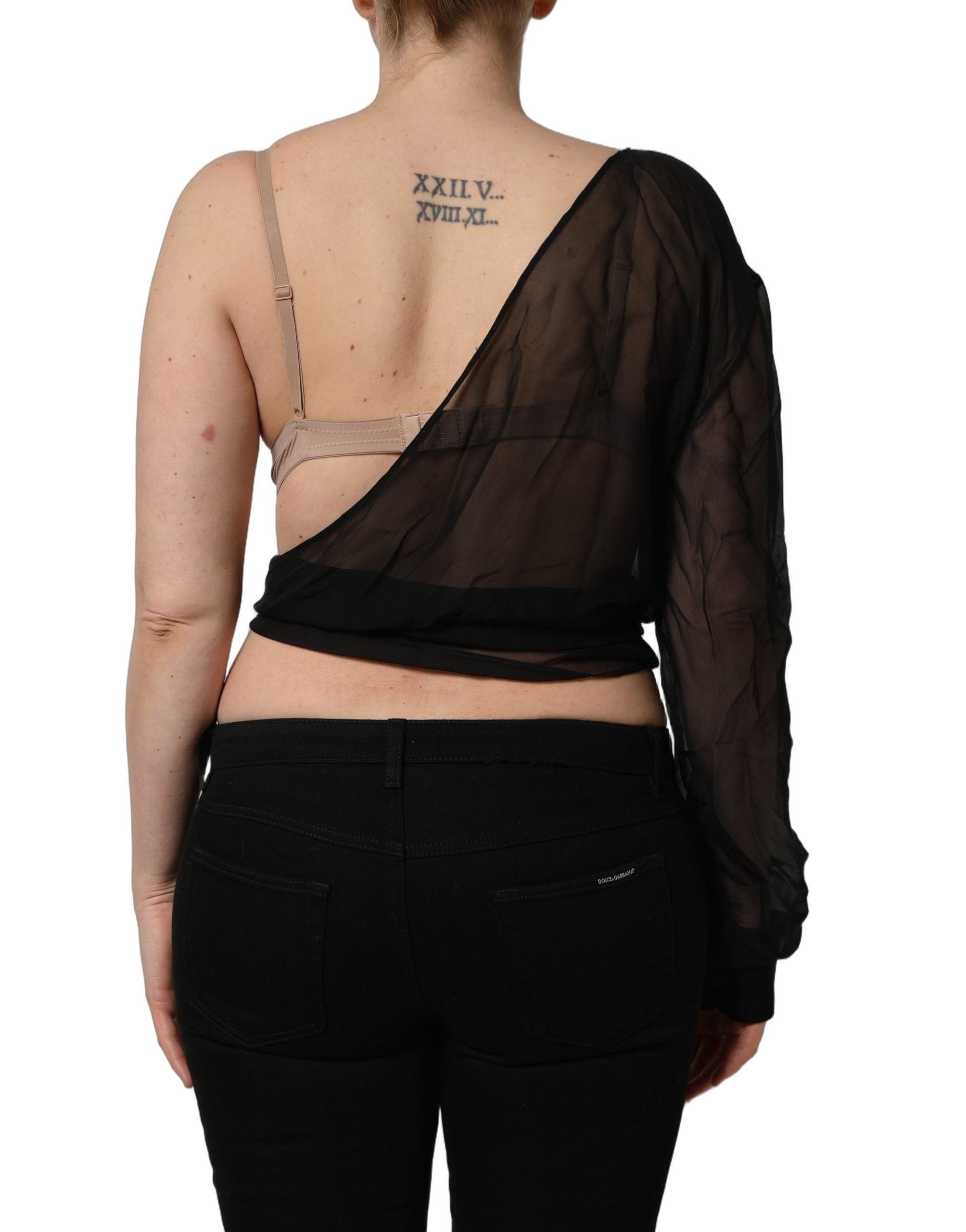 Dolce & Gabbana Black Wrap Sheer Chiffon One Shoulder Top Dolce & Gabbana