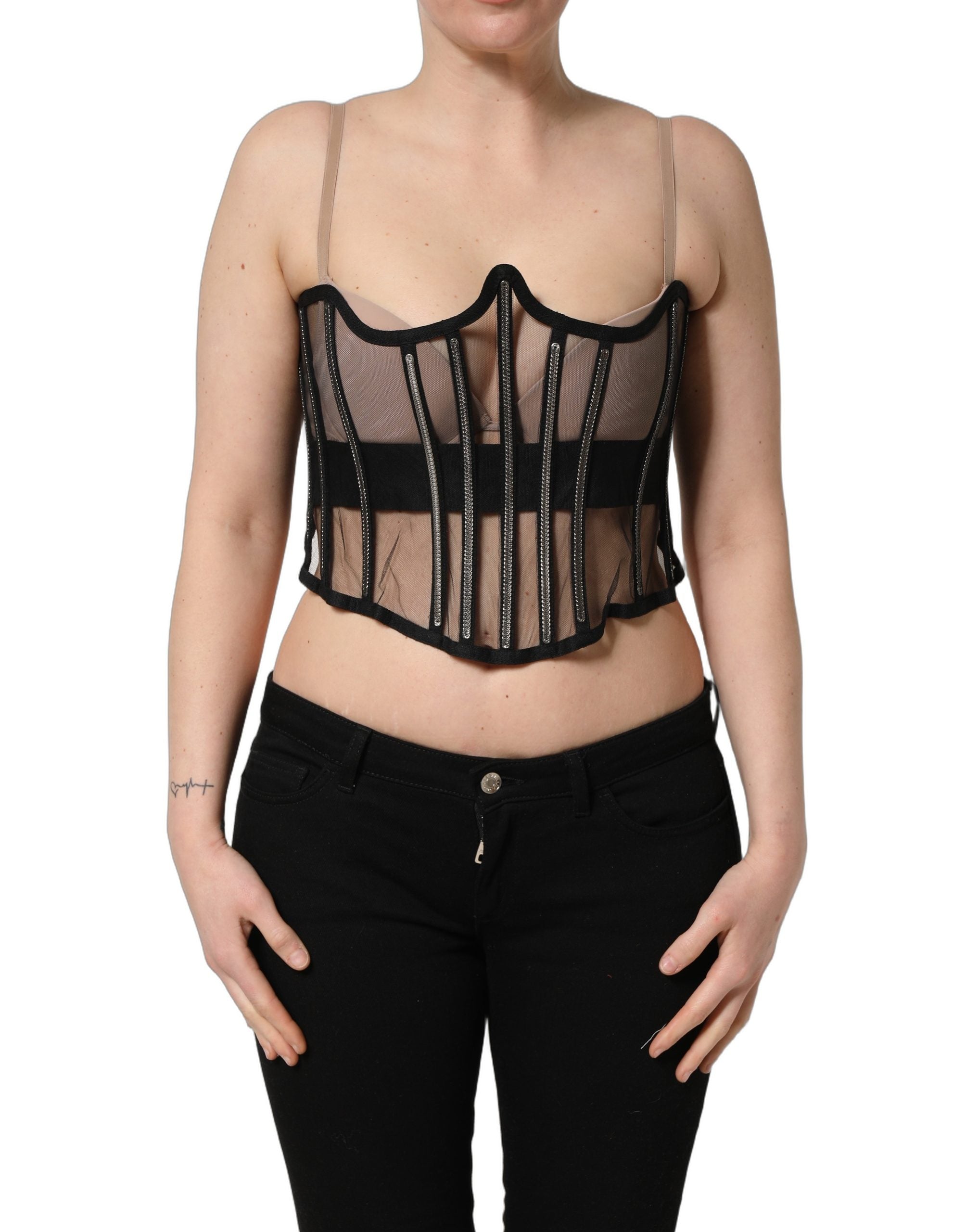 Dolce & Gabbana Black Sheer Tulle Bodysuit Cropped Corset Top Dolce & Gabbana
