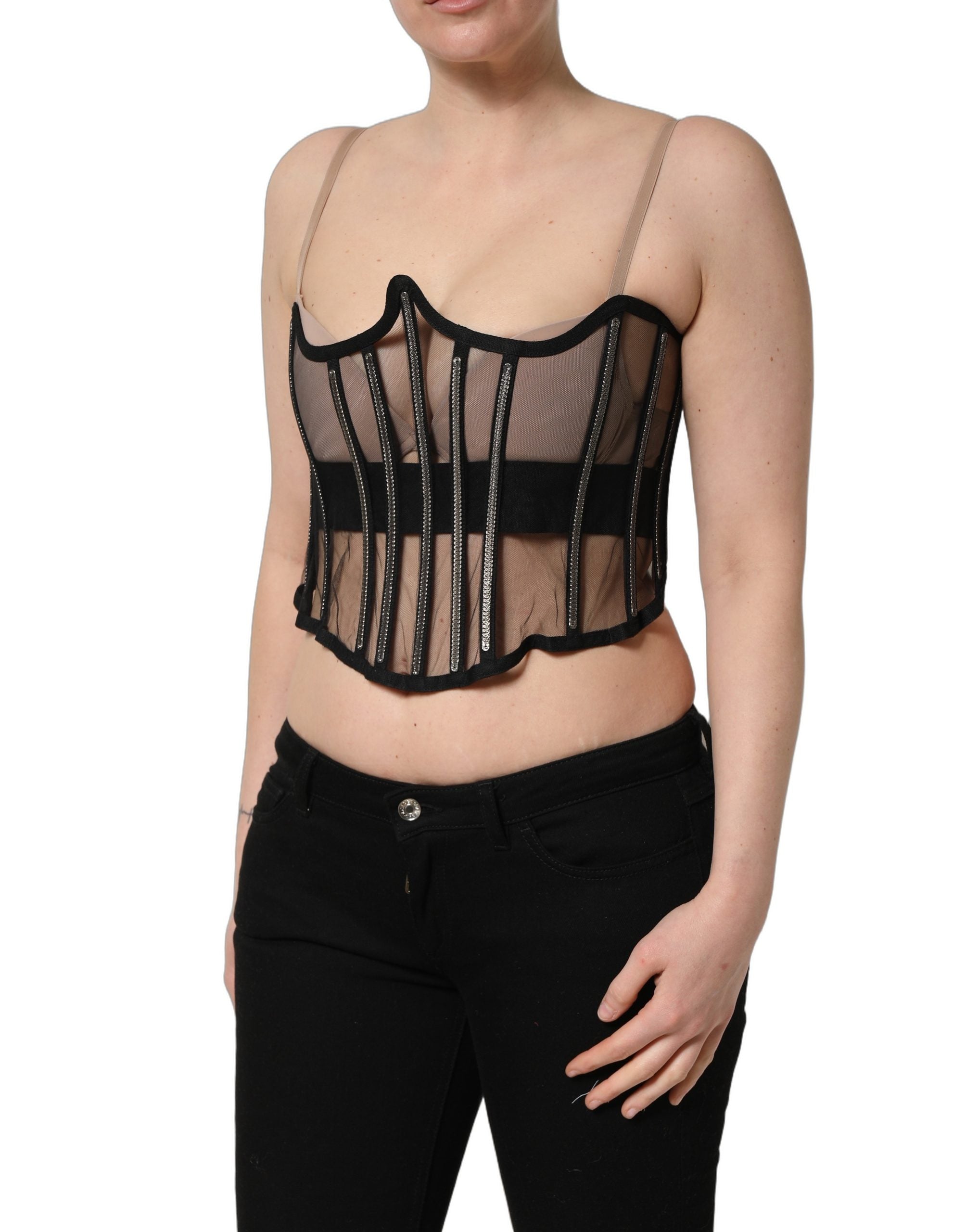 Dolce & Gabbana Black Sheer Tulle Bodysuit Cropped Corset Top Dolce & Gabbana