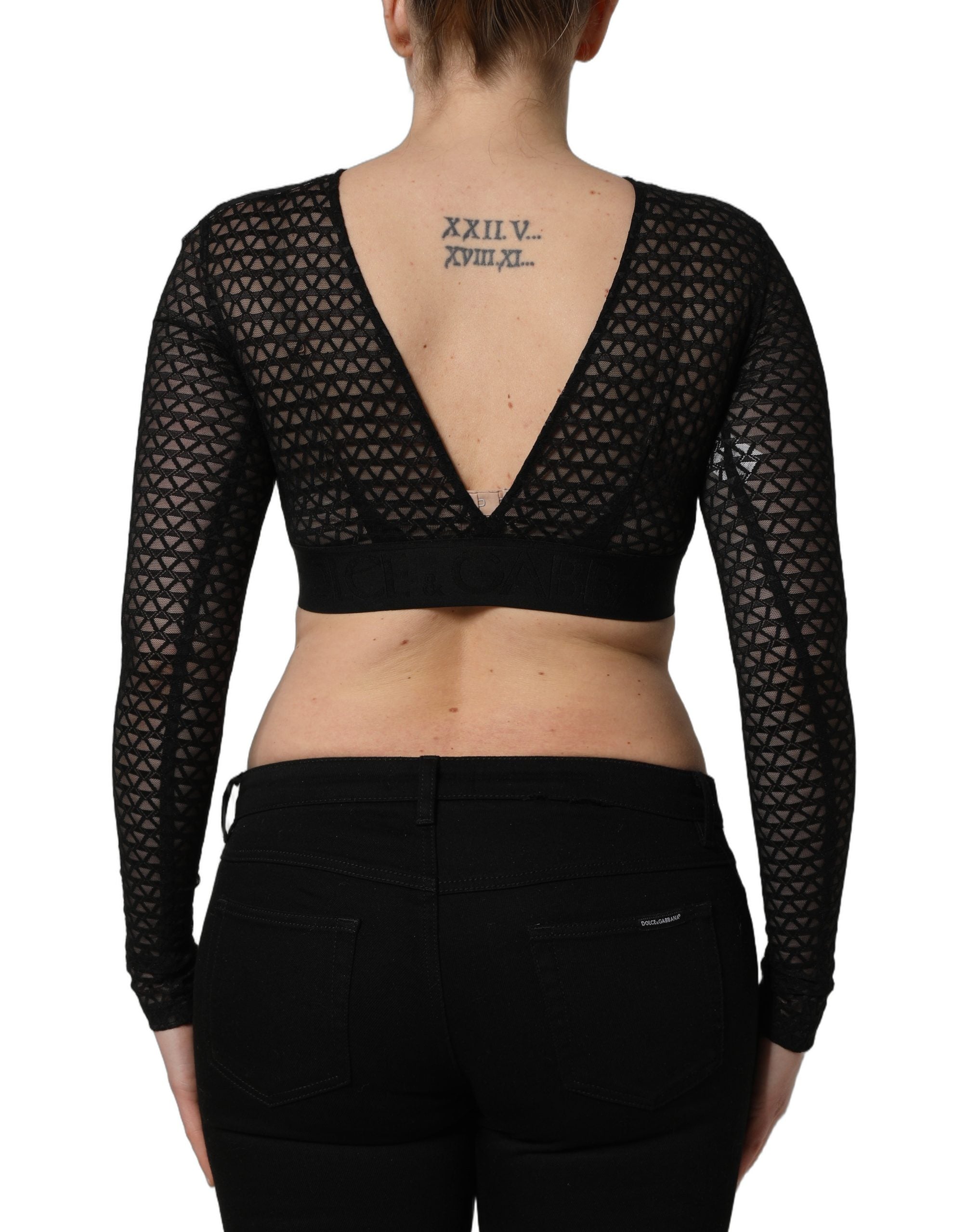 Dolce & Gabbana Black Nylon Fishnet Long Sleeve Cropped Top Dolce & Gabbana
