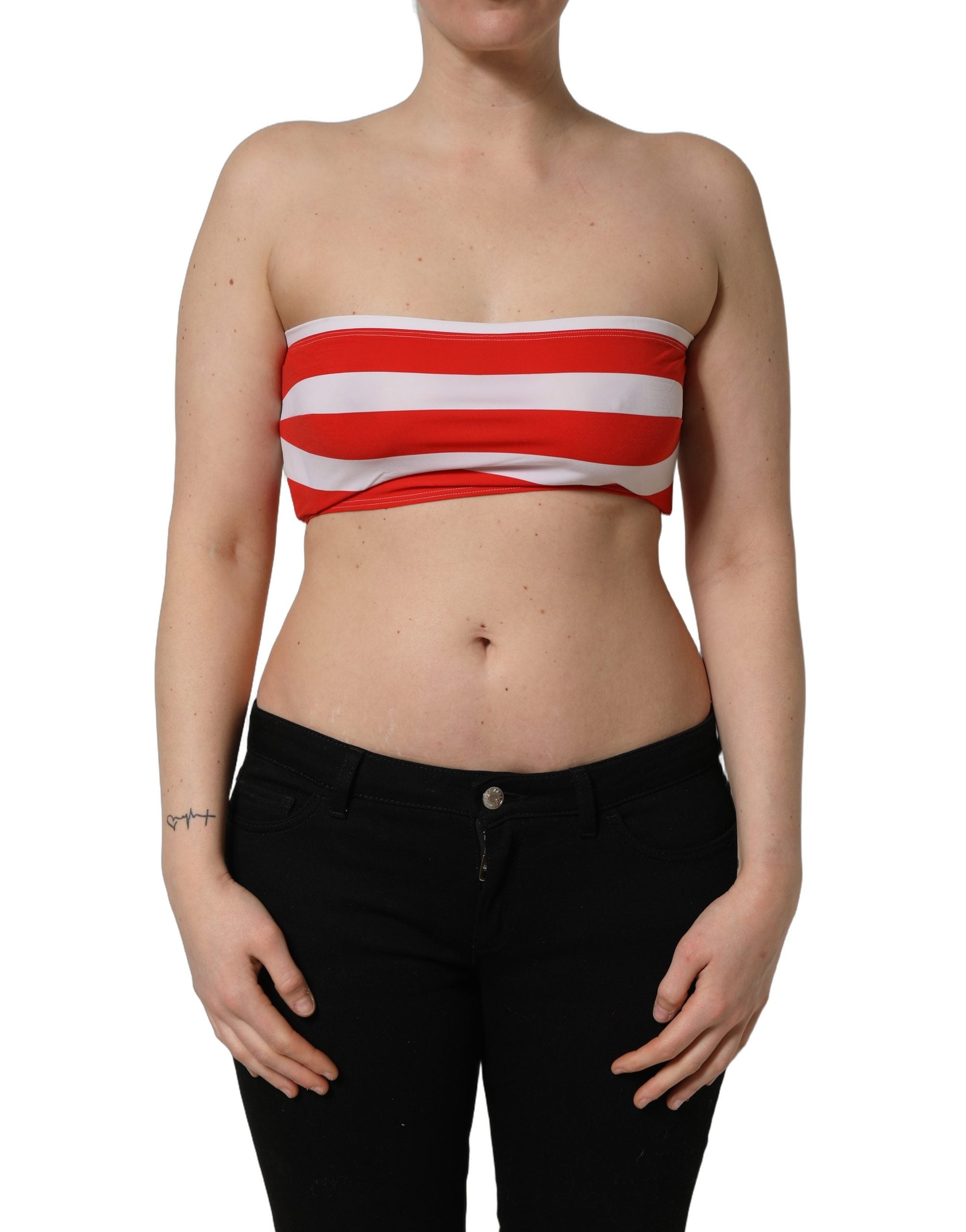 Dolce & Gabbana White Red Nylon Striped Ribbed Tube Crop Top Dolce & Gabbana