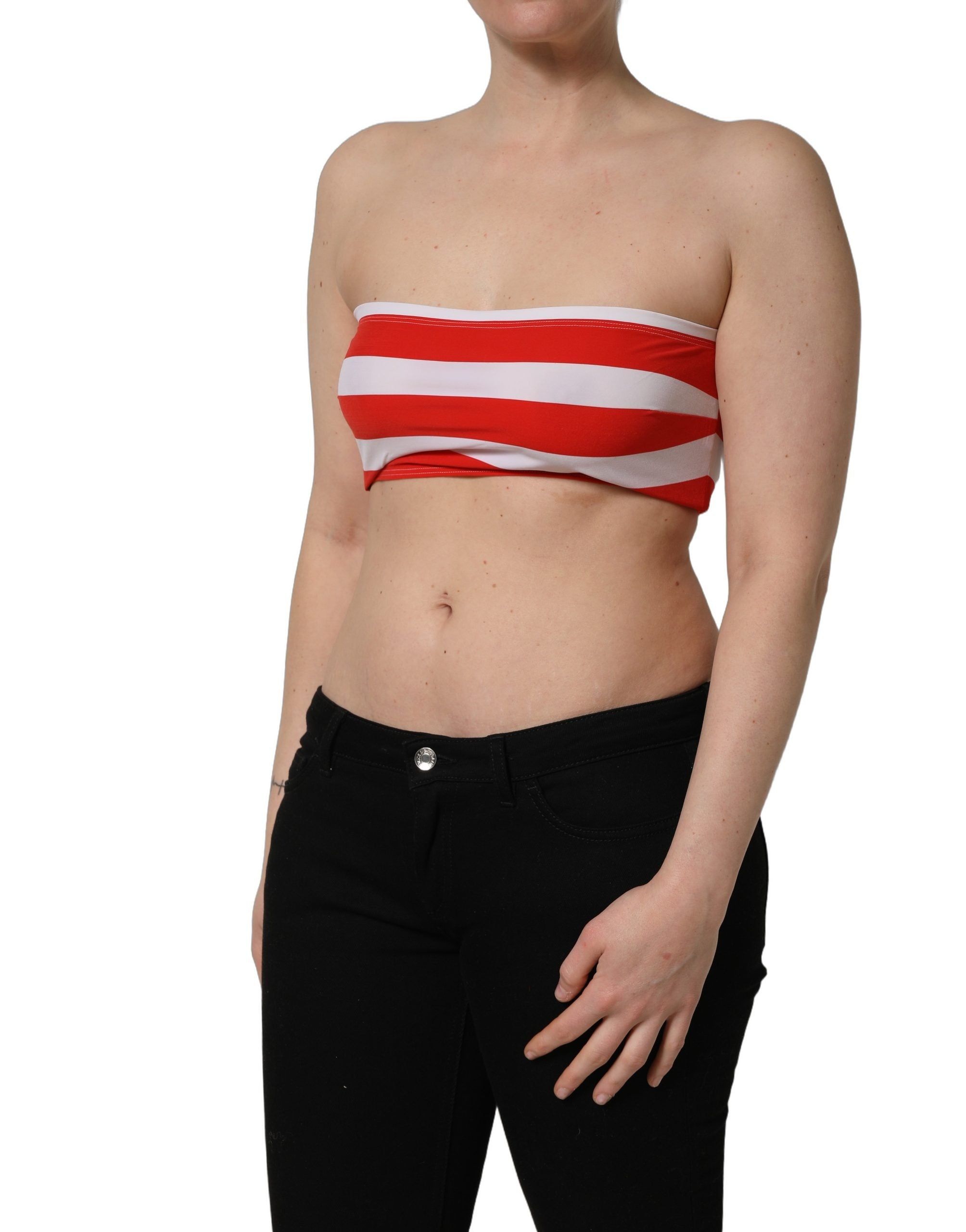 Dolce & Gabbana White Red Nylon Striped Ribbed Tube Crop Top Dolce & Gabbana