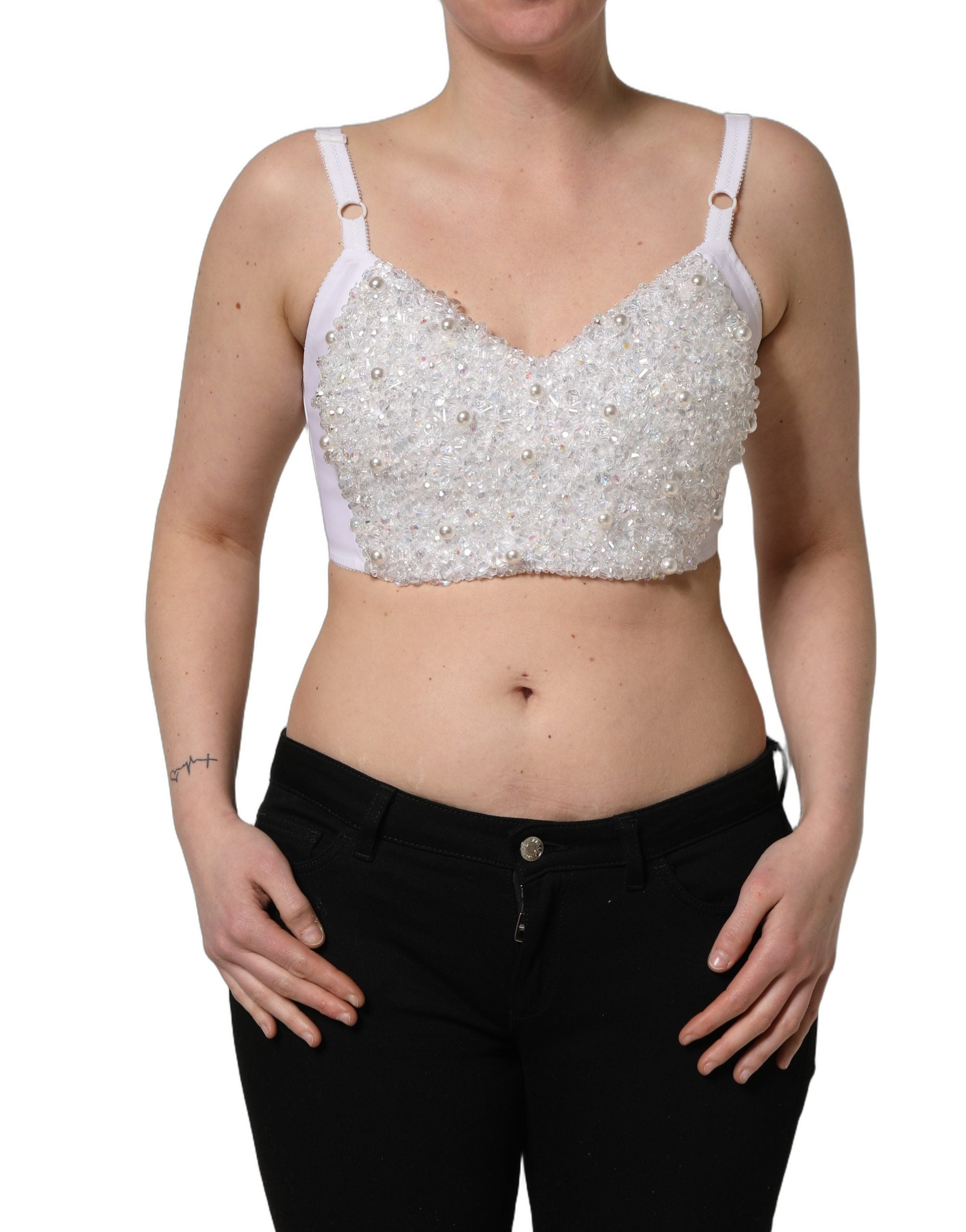 Dolce & Gabbana White Pearls Beaded Corset Bustier Crop Top Dolce & Gabbana