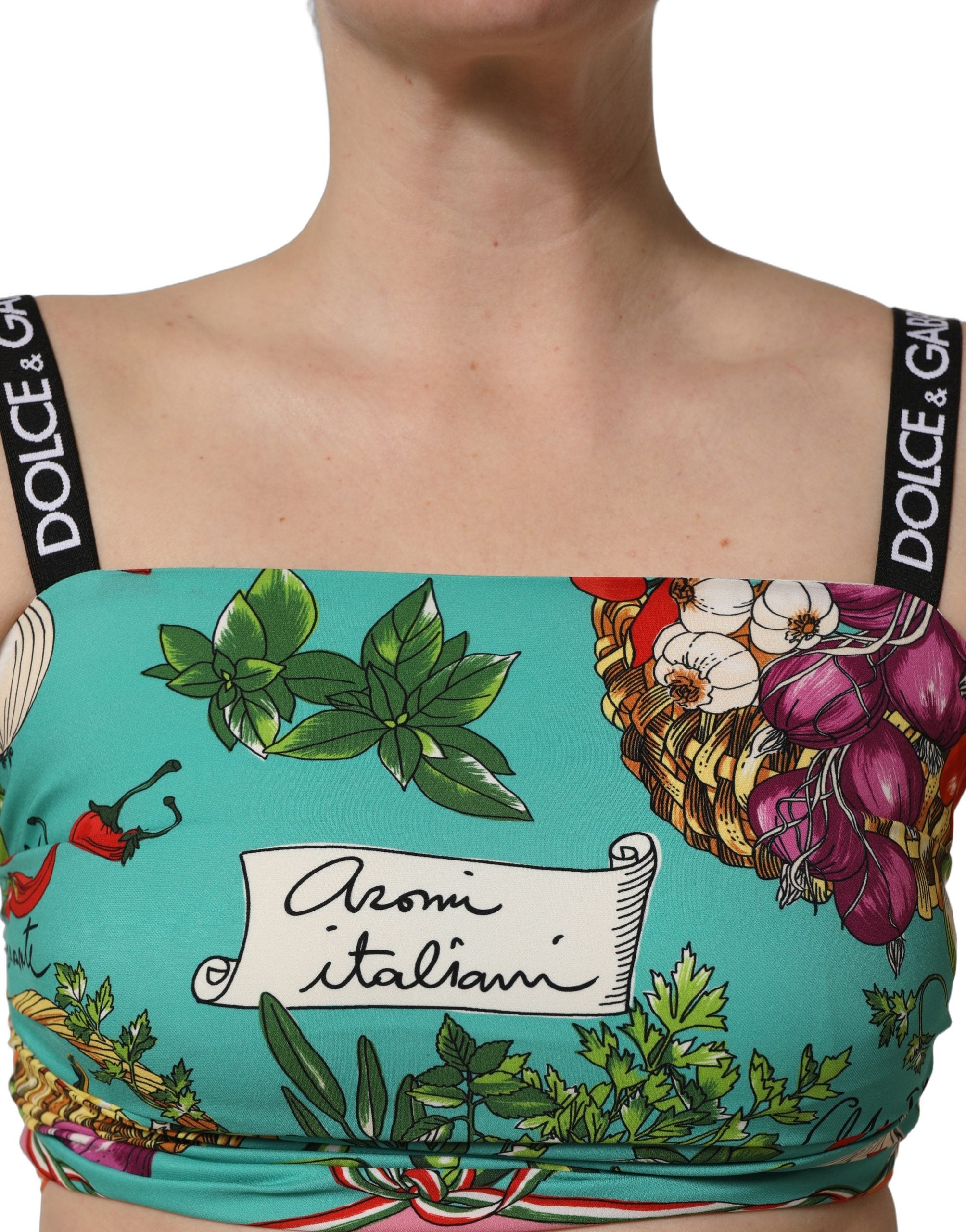 Dolce & Gabbana Turquoise Vegetable Print Silk Crop Tank Top Dolce & Gabbana