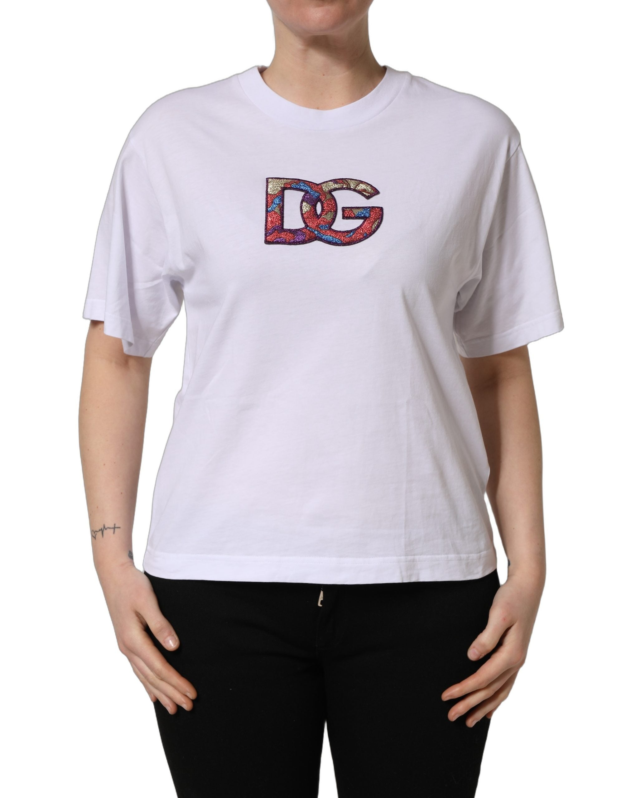 Dolce & Gabbana White Cotton DG Logo Patch Crew Neck T-shirt Dolce & Gabbana