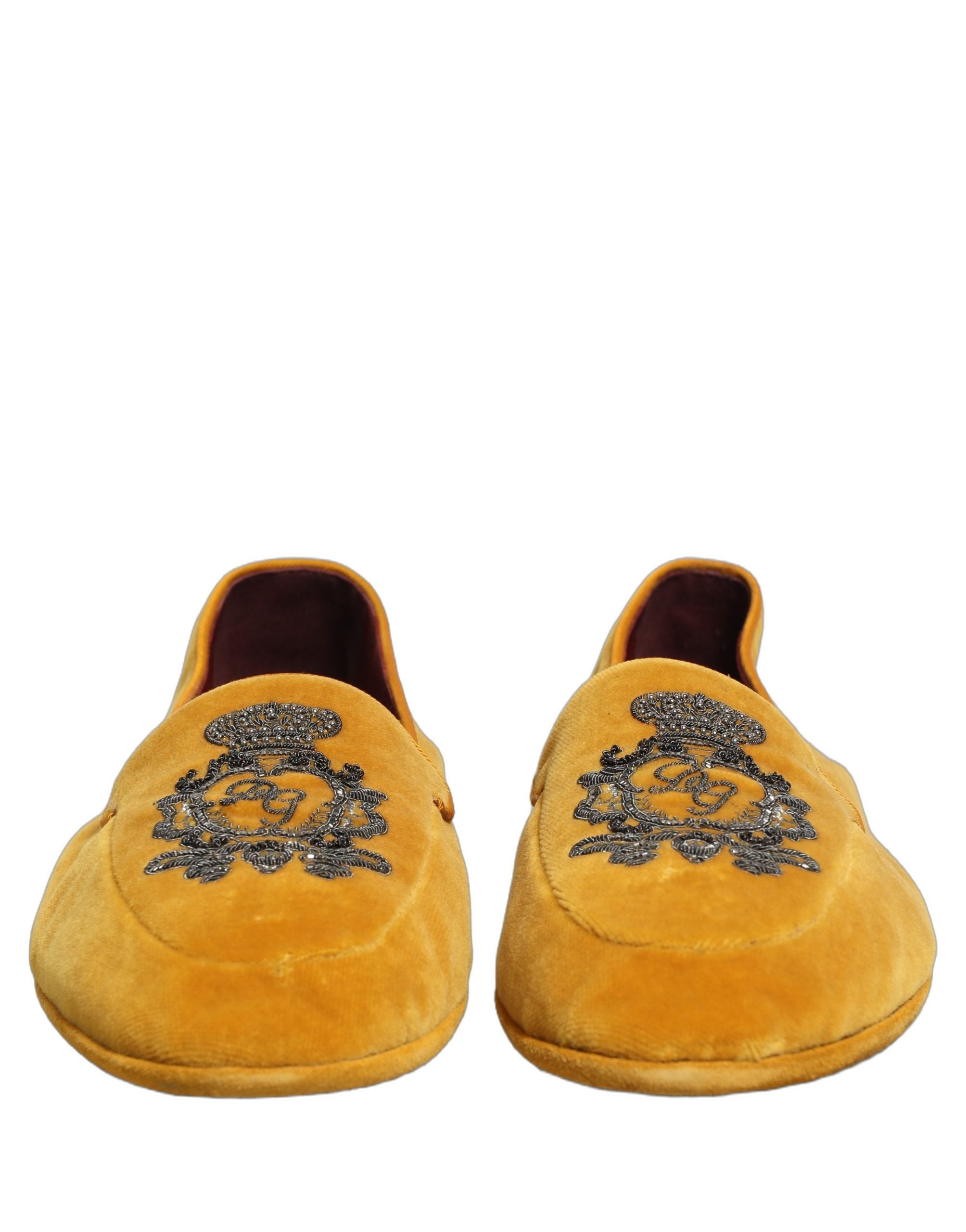 Dolce & Gabbana Yellow Velvet Crown Embroidery Loafers Shoes Dolce & Gabbana