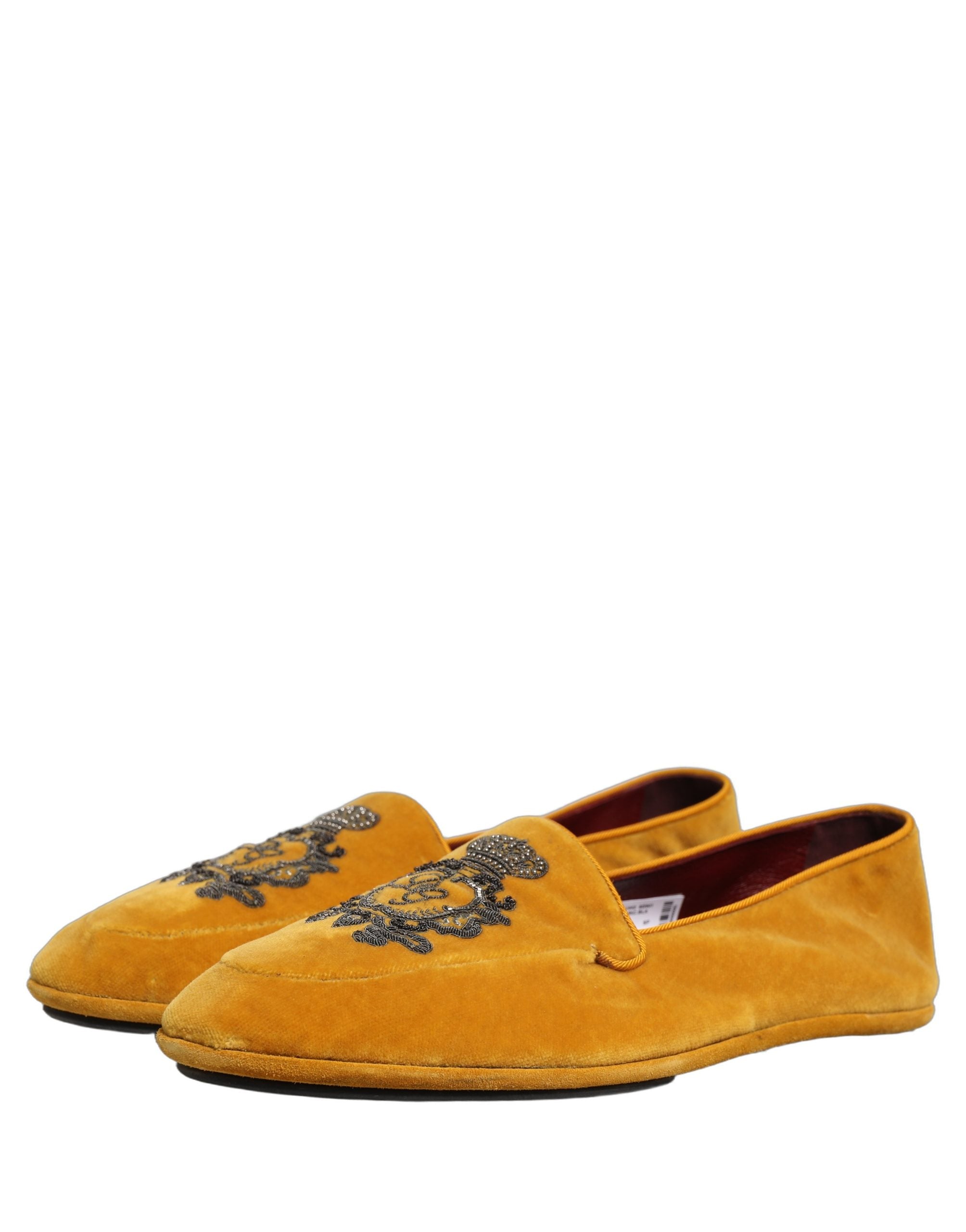 Dolce & Gabbana Yellow Velvet Crown Embroidery Loafers Shoes Dolce & Gabbana