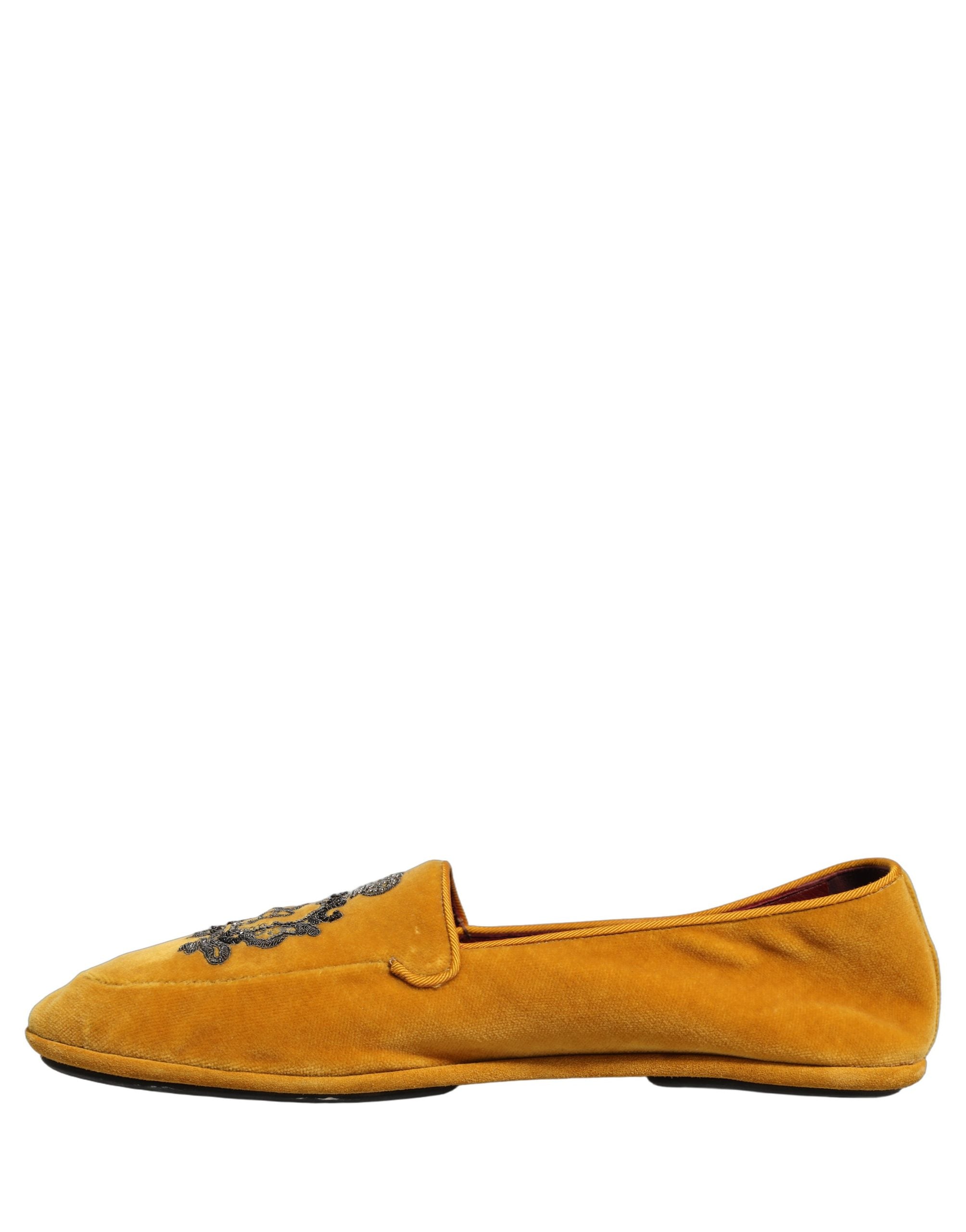 Dolce & Gabbana Yellow Velvet Crown Embroidery Loafers Shoes Dolce & Gabbana