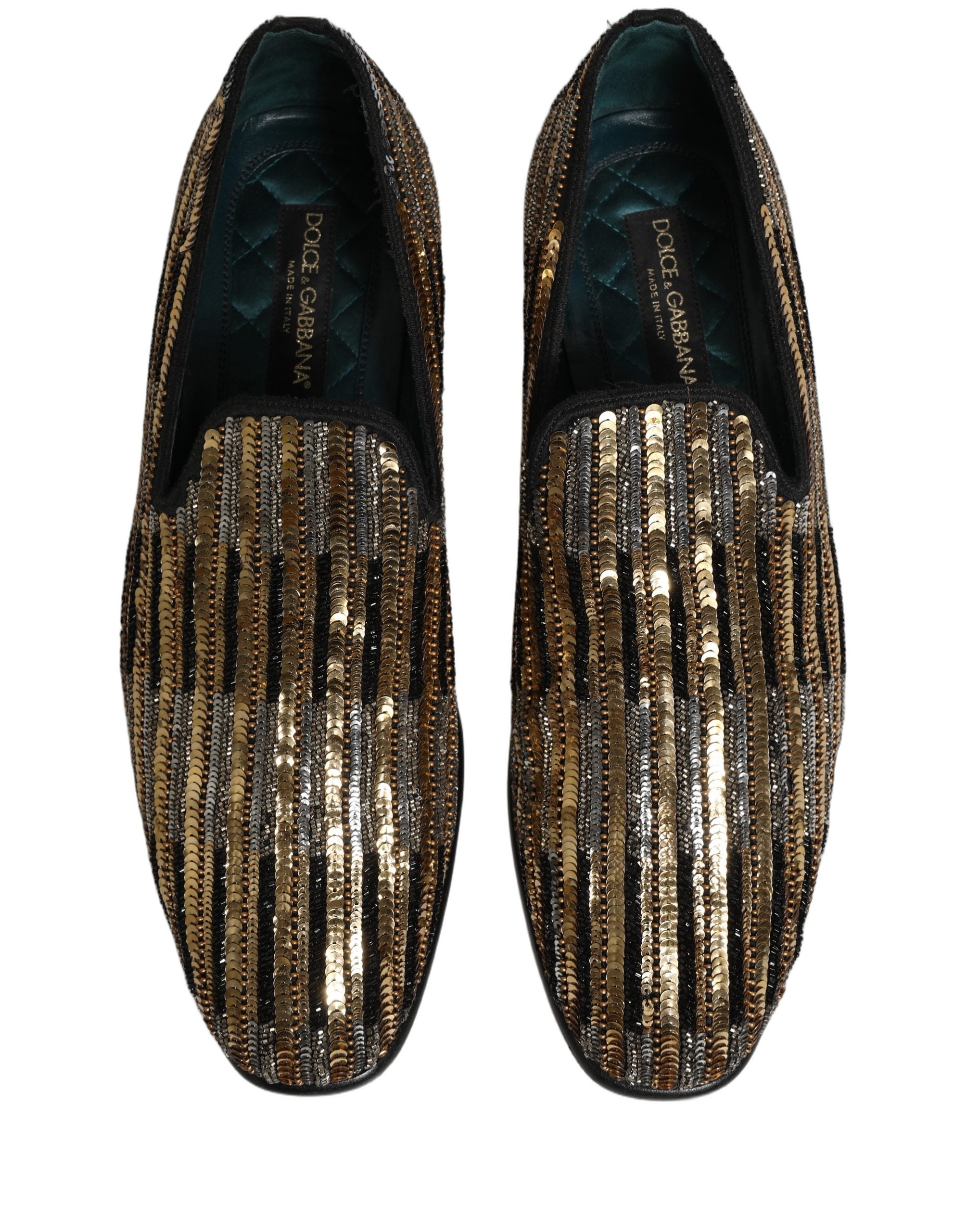 Dolce & Gabbana Gold Striped Sequin Embellished Loafer Shoes Dolce & Gabbana