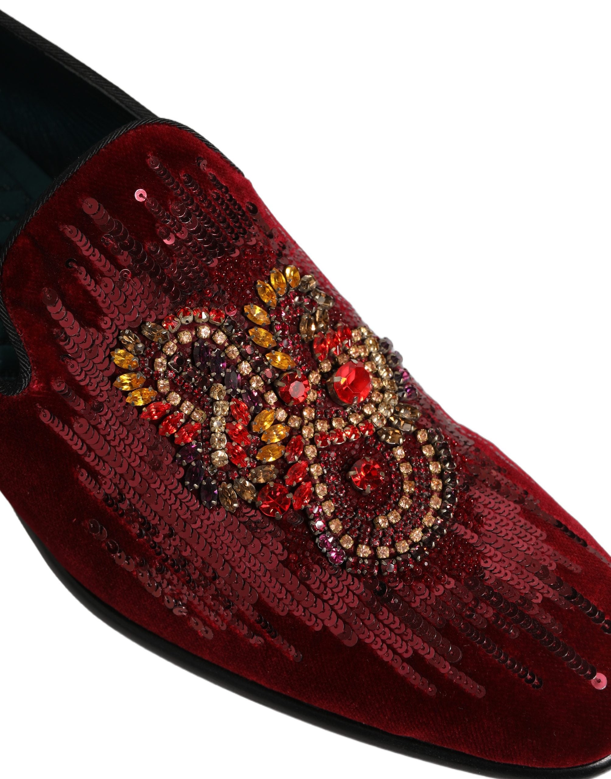 Dolce & Gabbana Maroon Sequin Gemstone Dress Loafers Shoes Dolce & Gabbana