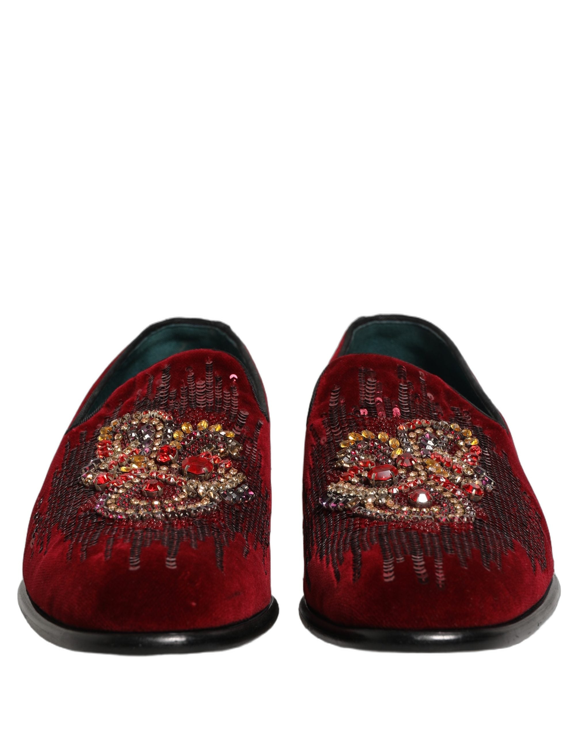 Dolce & Gabbana Maroon Sequin Gemstone Dress Loafers Shoes Dolce & Gabbana