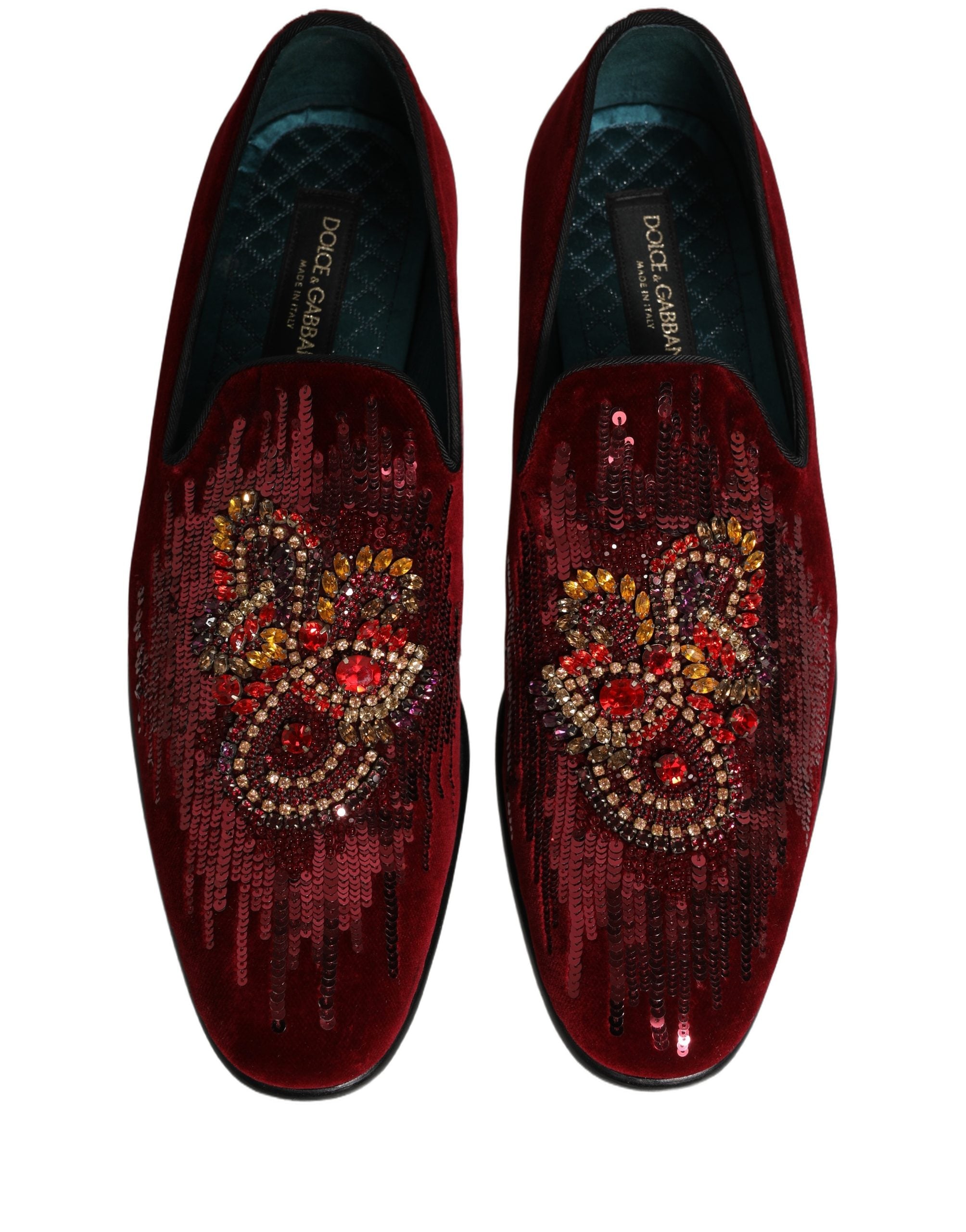 Dolce & Gabbana Maroon Sequin Gemstone Dress Loafers Shoes Dolce & Gabbana