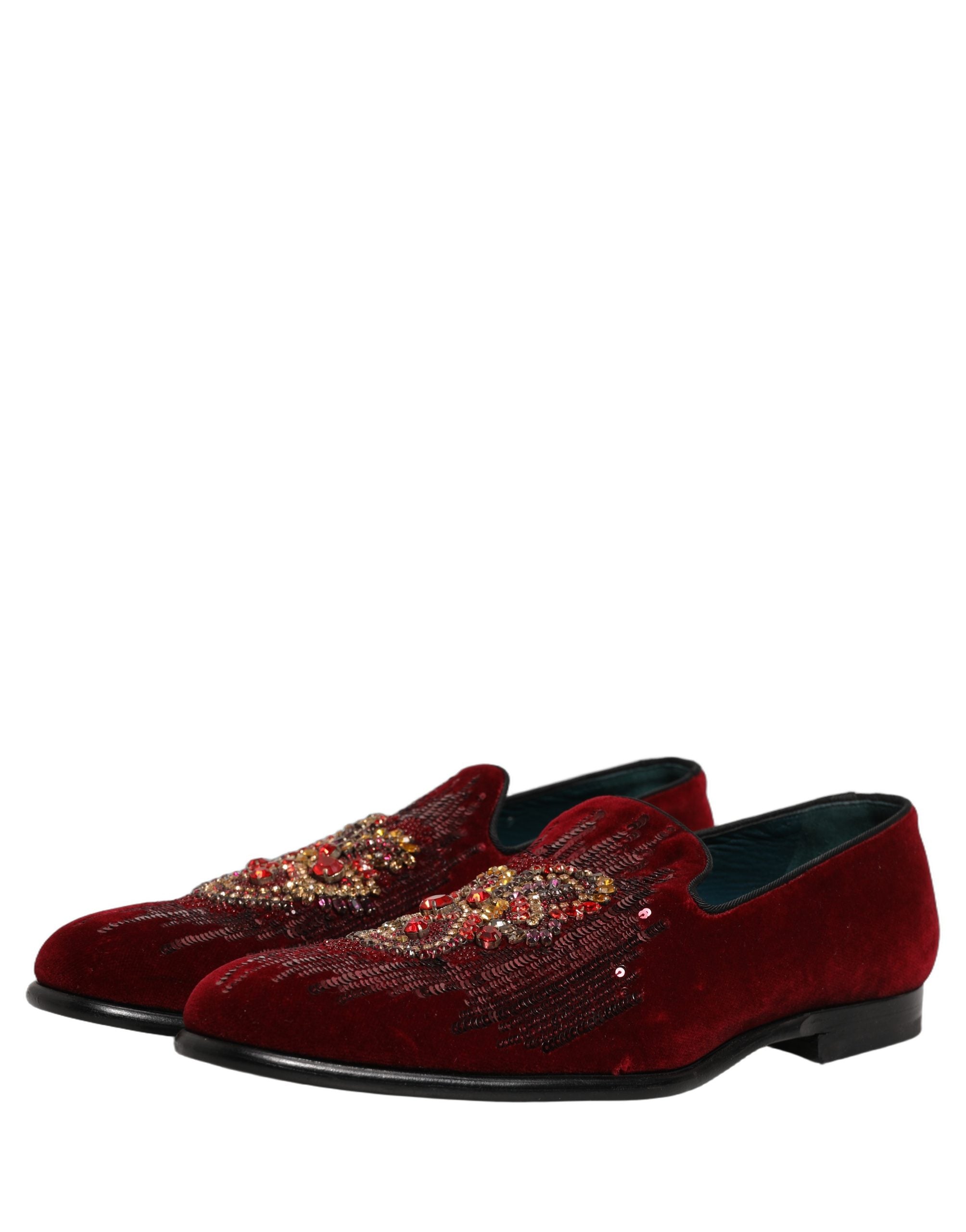Dolce & Gabbana Maroon Sequin Gemstone Dress Loafers Shoes Dolce & Gabbana
