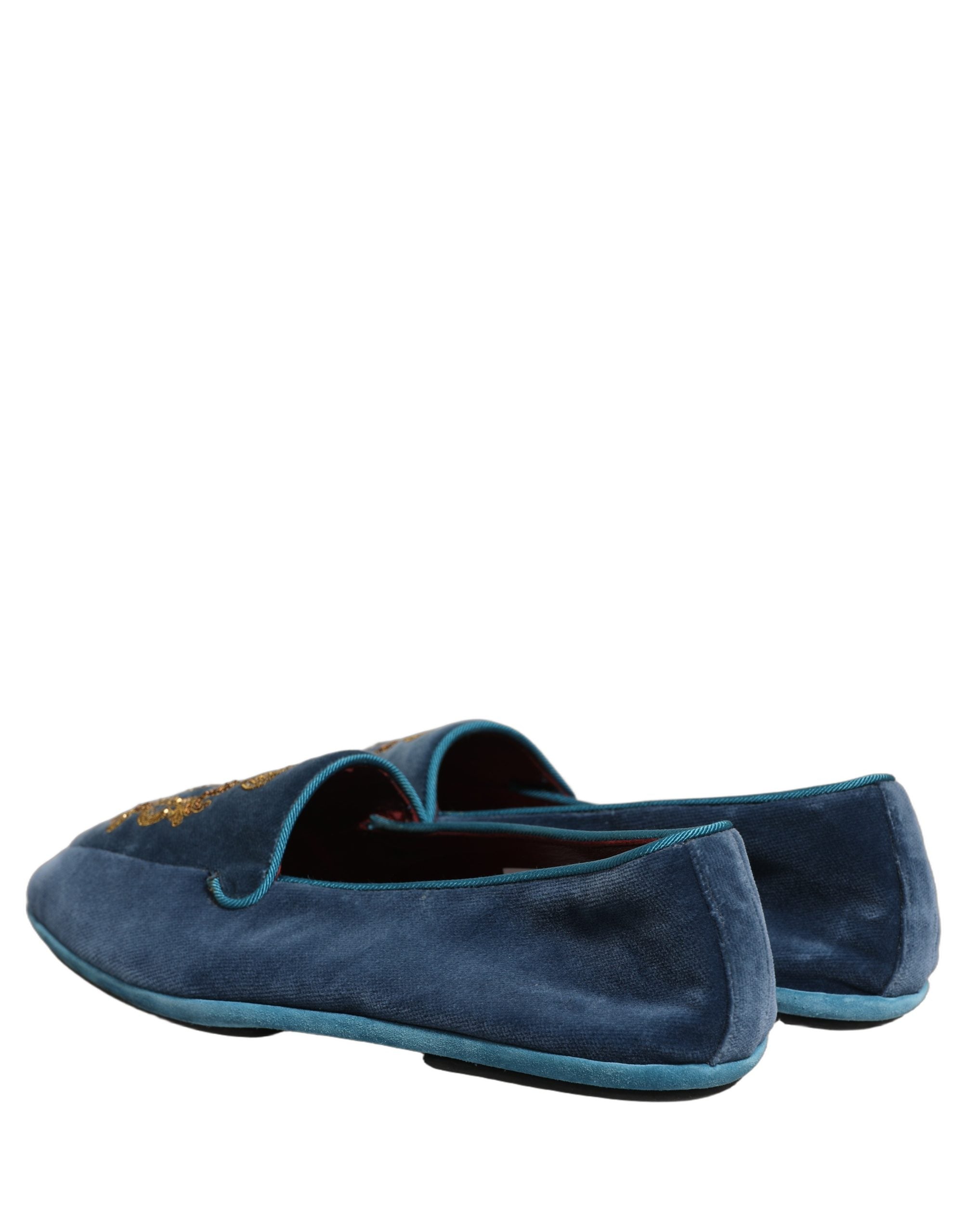 Dolce & Gabbana Blue Velvet Crown Embroidery Loafers Shoes Dolce & Gabbana