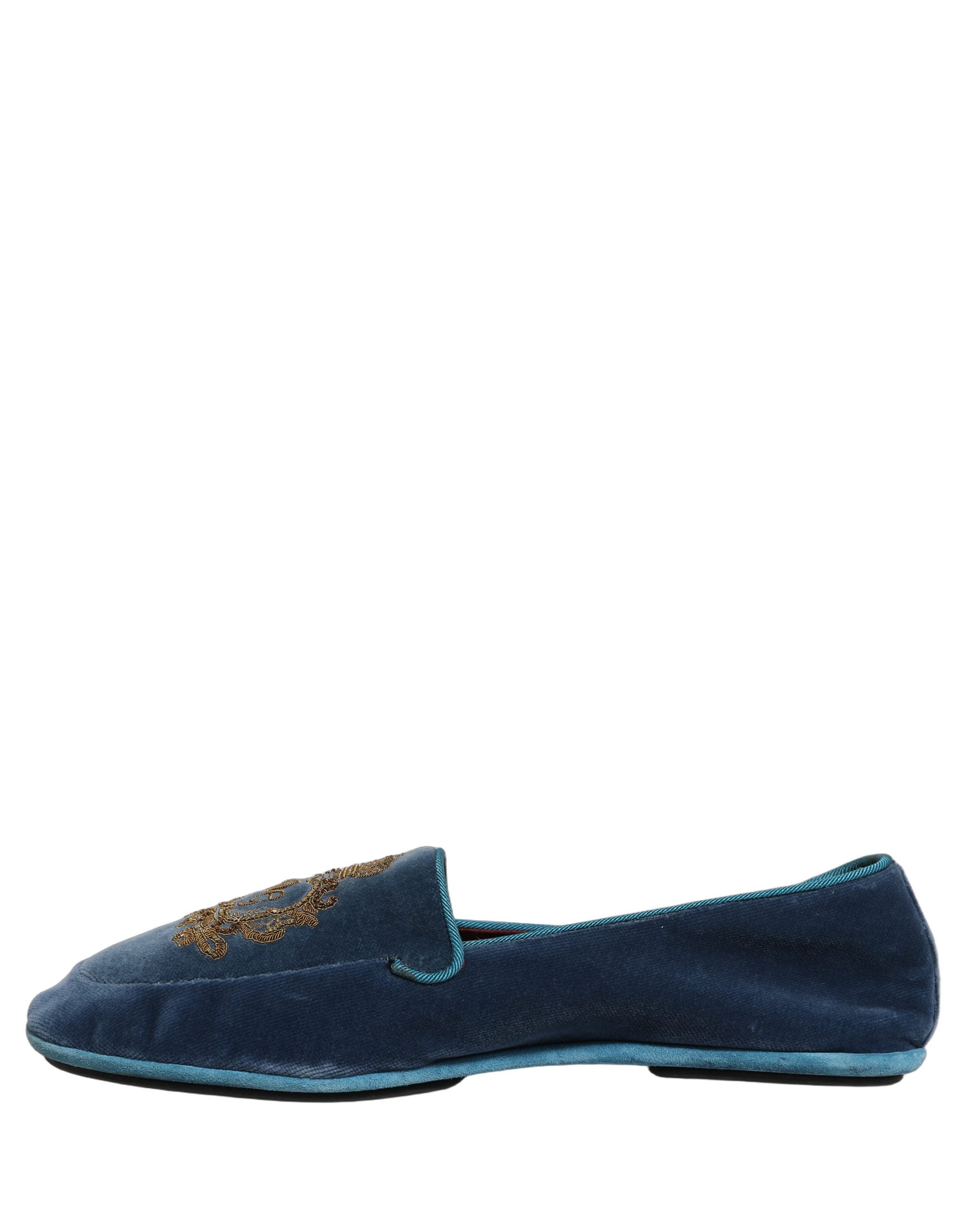 Dolce & Gabbana Blue Velvet Crown Embroidery Loafers Shoes Dolce & Gabbana