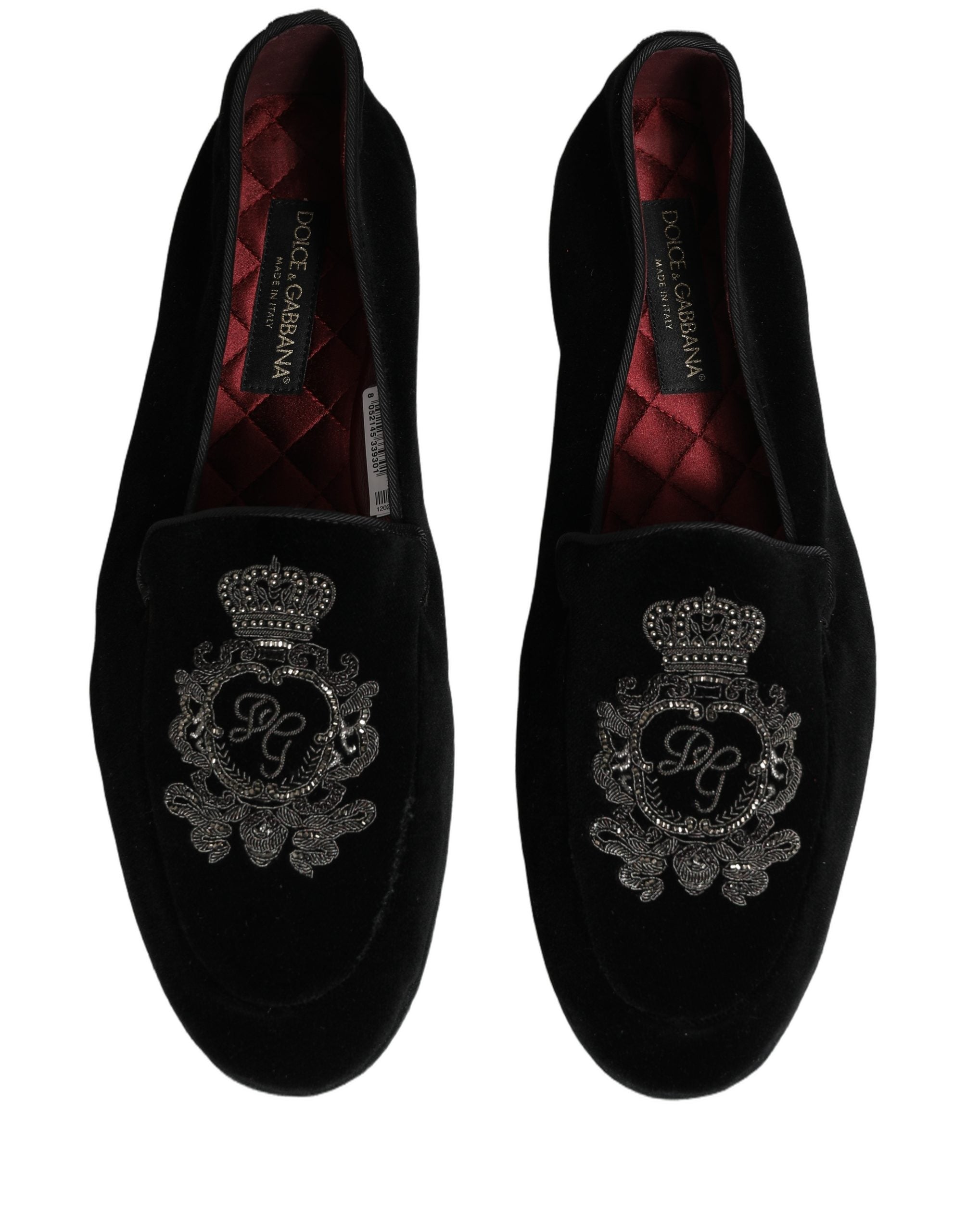 Dolce & Gabbana Black Velvet Crown Embroidery Loafers Shoes Dolce & Gabbana