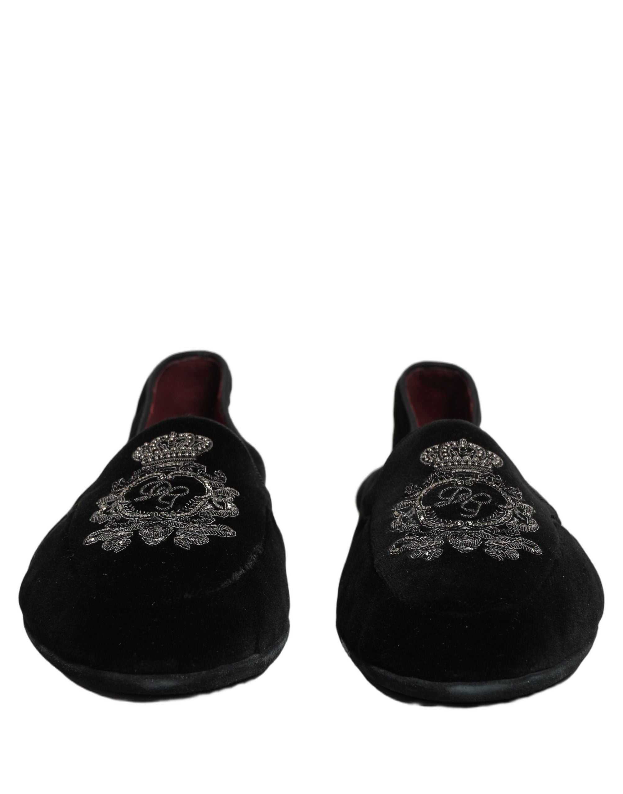 Dolce & Gabbana Black Velvet Crown Embroidery Loafers Shoes Dolce & Gabbana