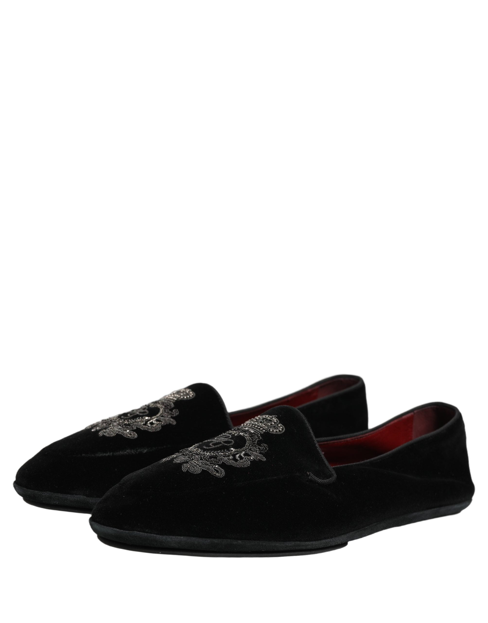 Dolce & Gabbana Black Velvet Crown Embroidery Loafers Shoes Dolce & Gabbana