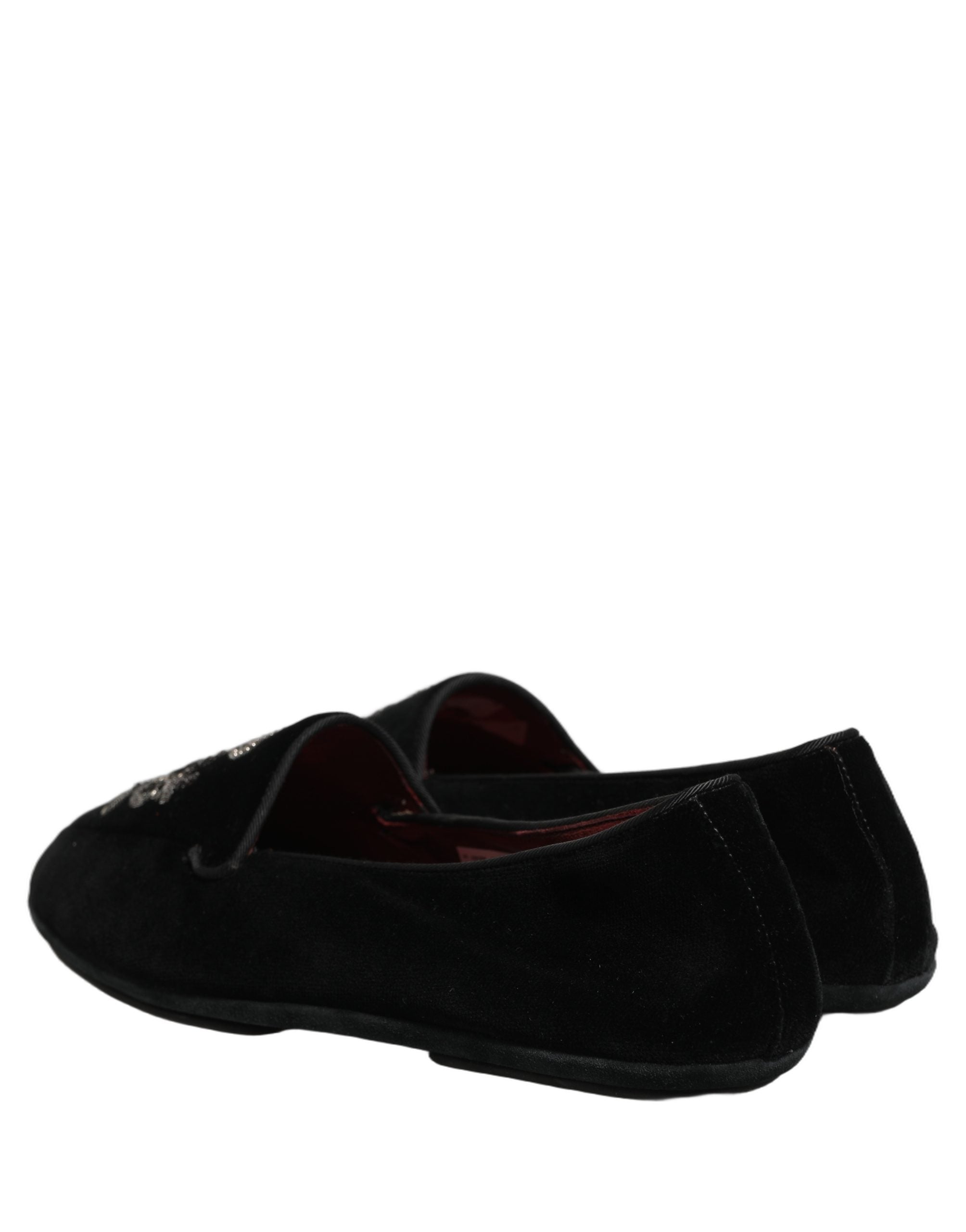 Dolce & Gabbana Black Velvet Crown Embroidery Loafers Shoes Dolce & Gabbana