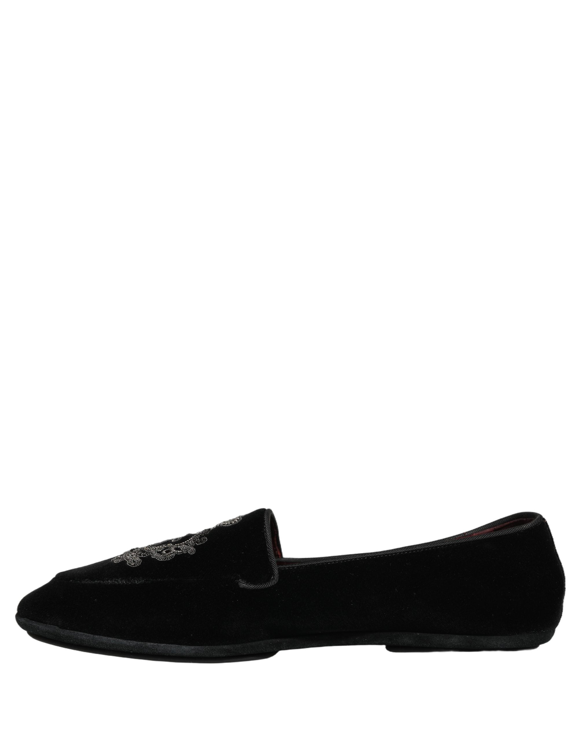 Dolce & Gabbana Black Velvet Crown Embroidery Loafers Shoes Dolce & Gabbana