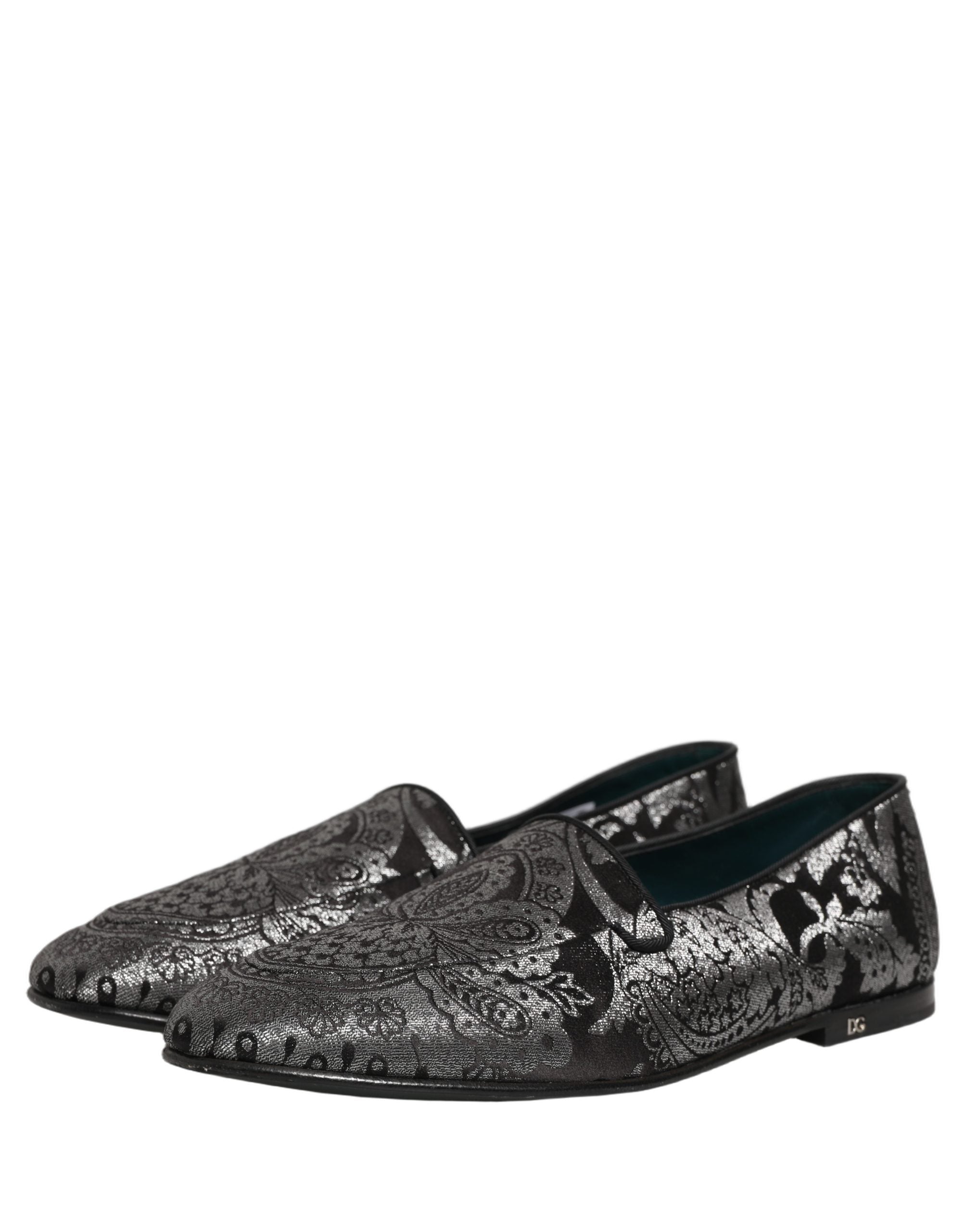 Dolce & Gabbana Silver Jacquard Leather Slip On Loafers Shoes Dolce & Gabbana