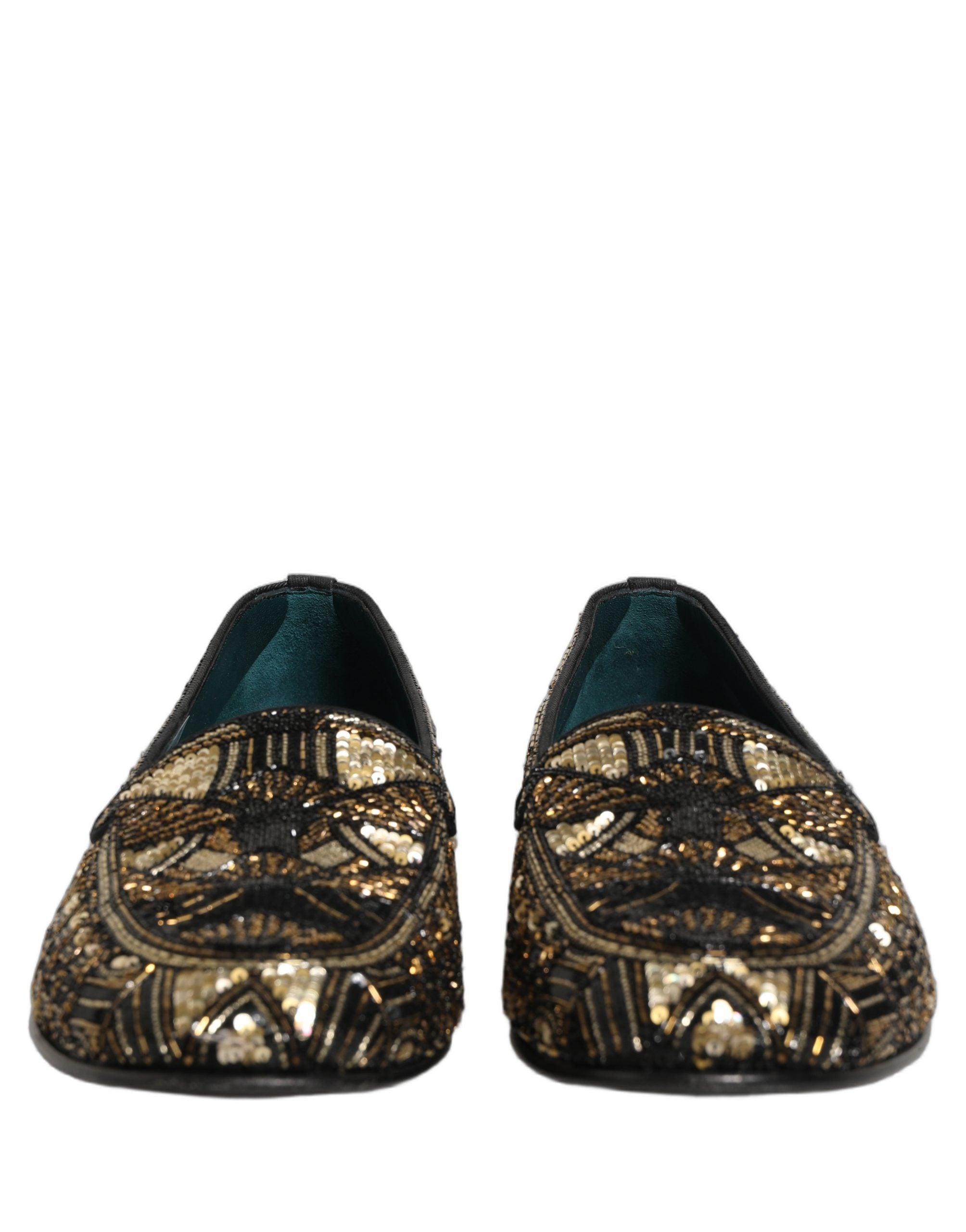 Dolce & Gabbana Black Gold Embellished Slip On Loafers Shoes Dolce & Gabbana