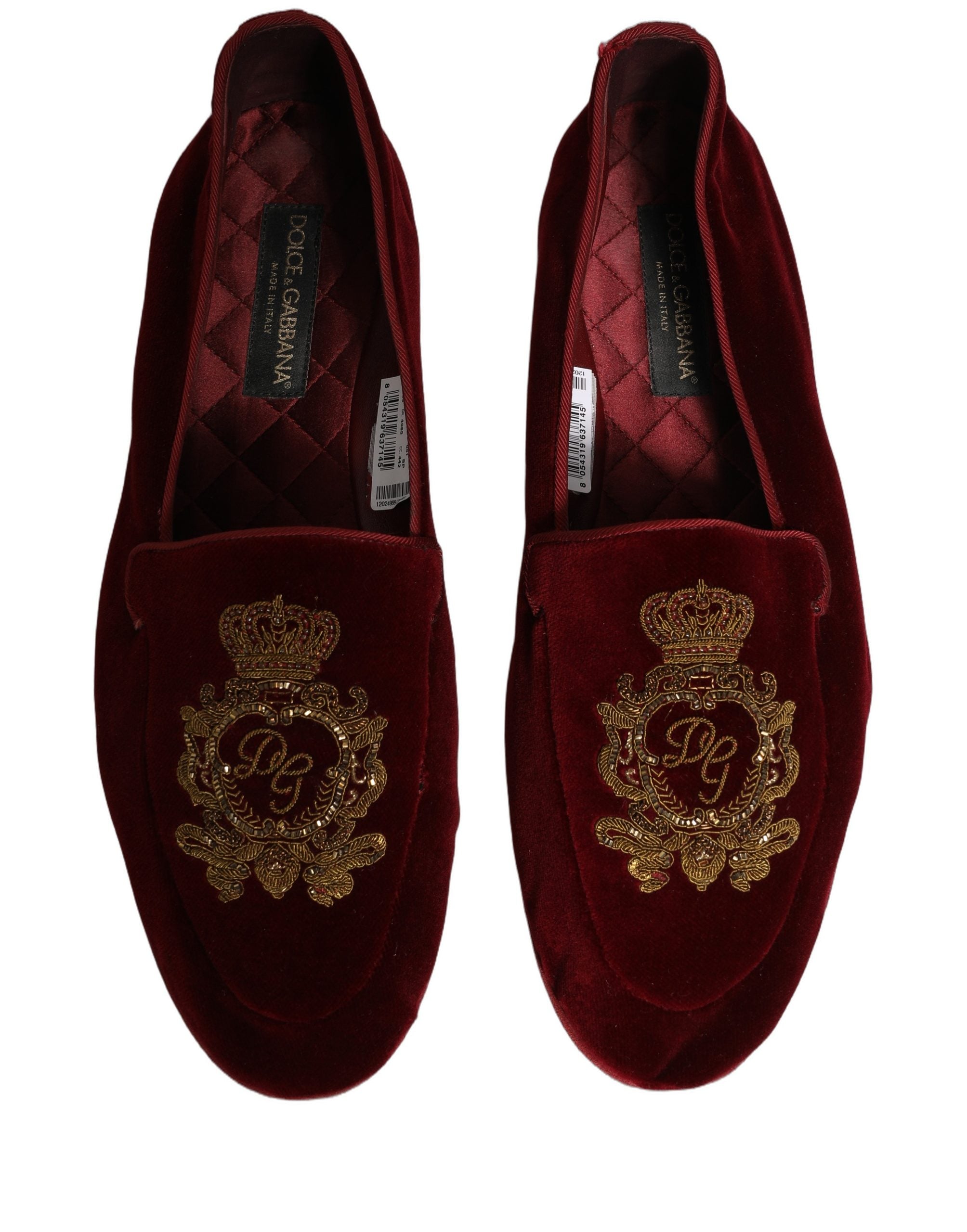 Dolce & Gabbana Maroon Velvet Crown Embroidery Loafers Shoes Dolce & Gabbana