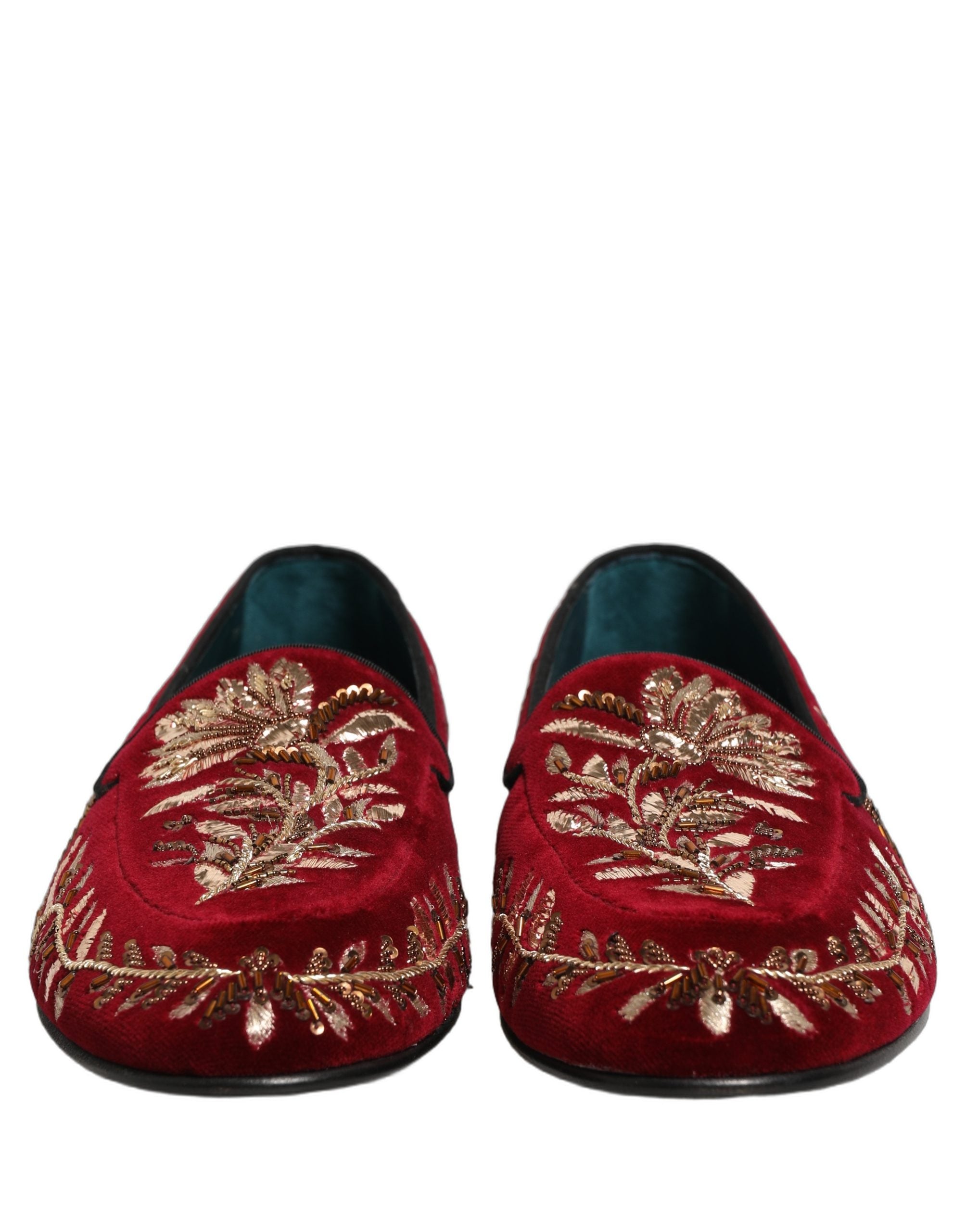 Dolce & Gabbana Red Velvet Floral Embroidery Loafers Shoes Dolce & Gabbana