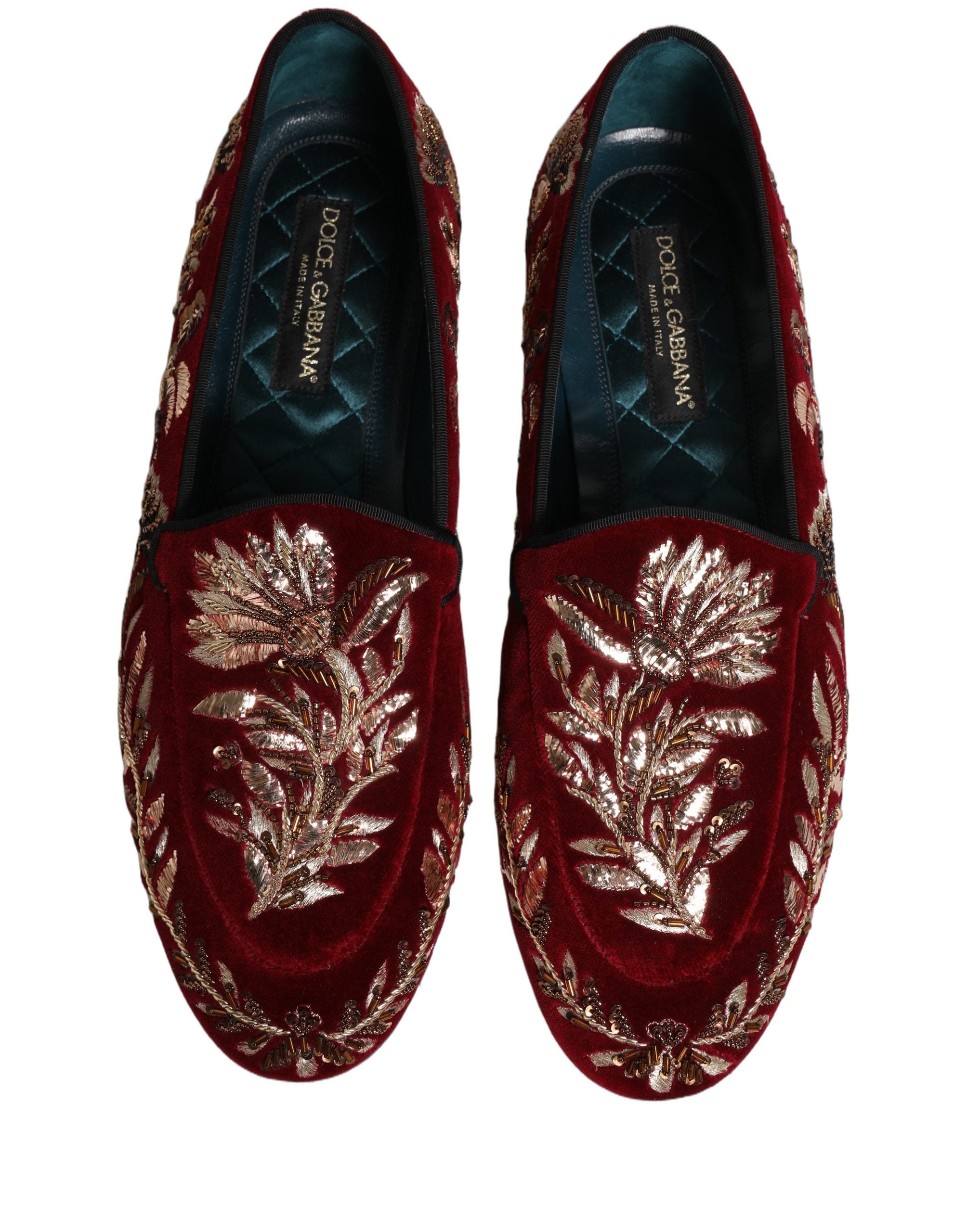 Dolce & Gabbana Red Velvet Floral Embroidery Loafers Shoes Dolce & Gabbana