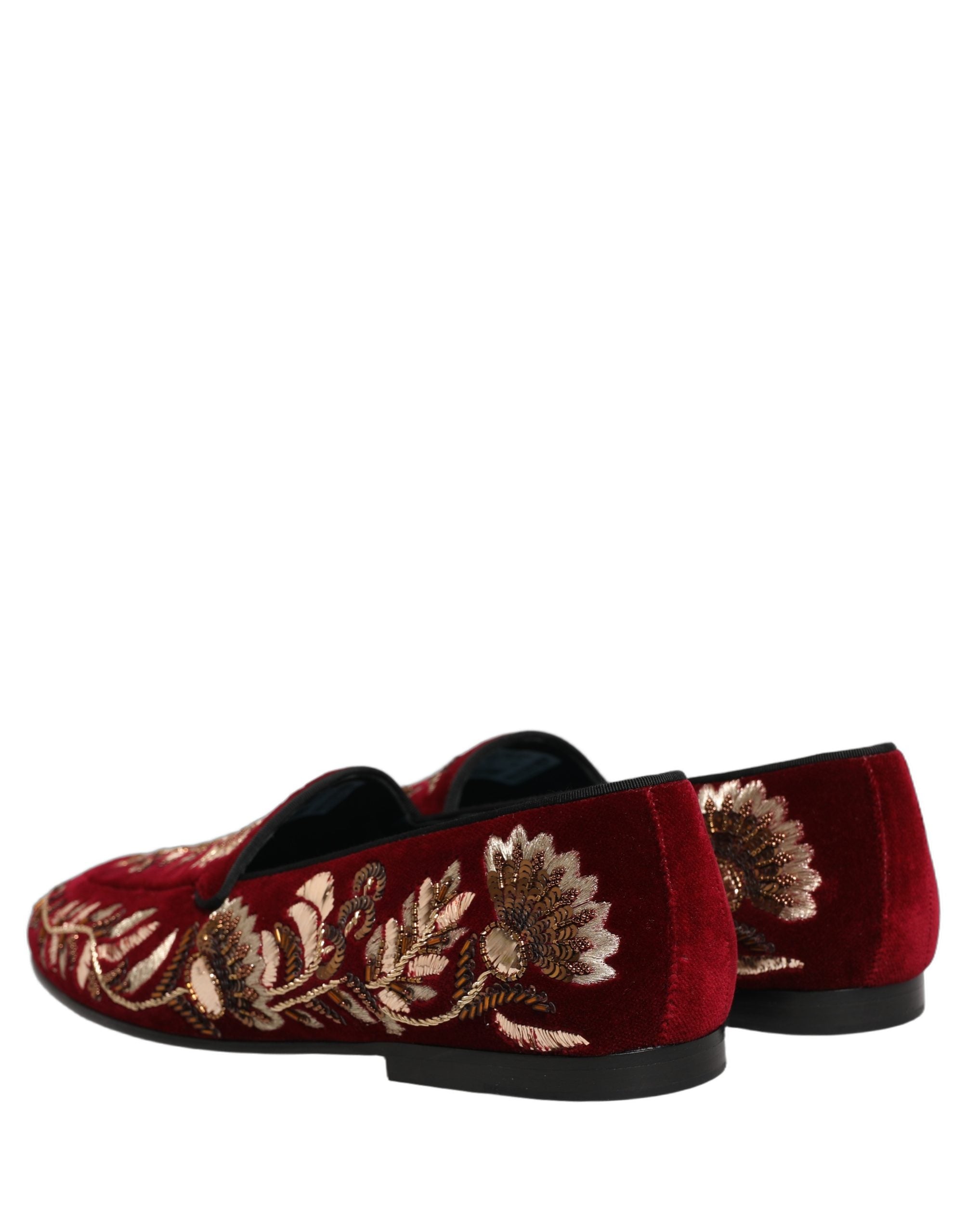 Dolce & Gabbana Red Velvet Floral Embroidery Loafers Shoes Dolce & Gabbana