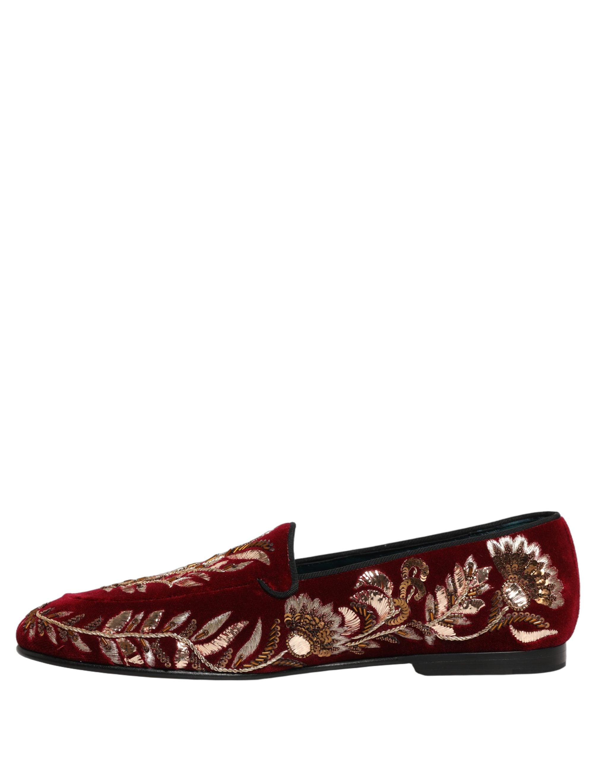 Dolce & Gabbana Red Velvet Floral Embroidery Loafers Shoes Dolce & Gabbana