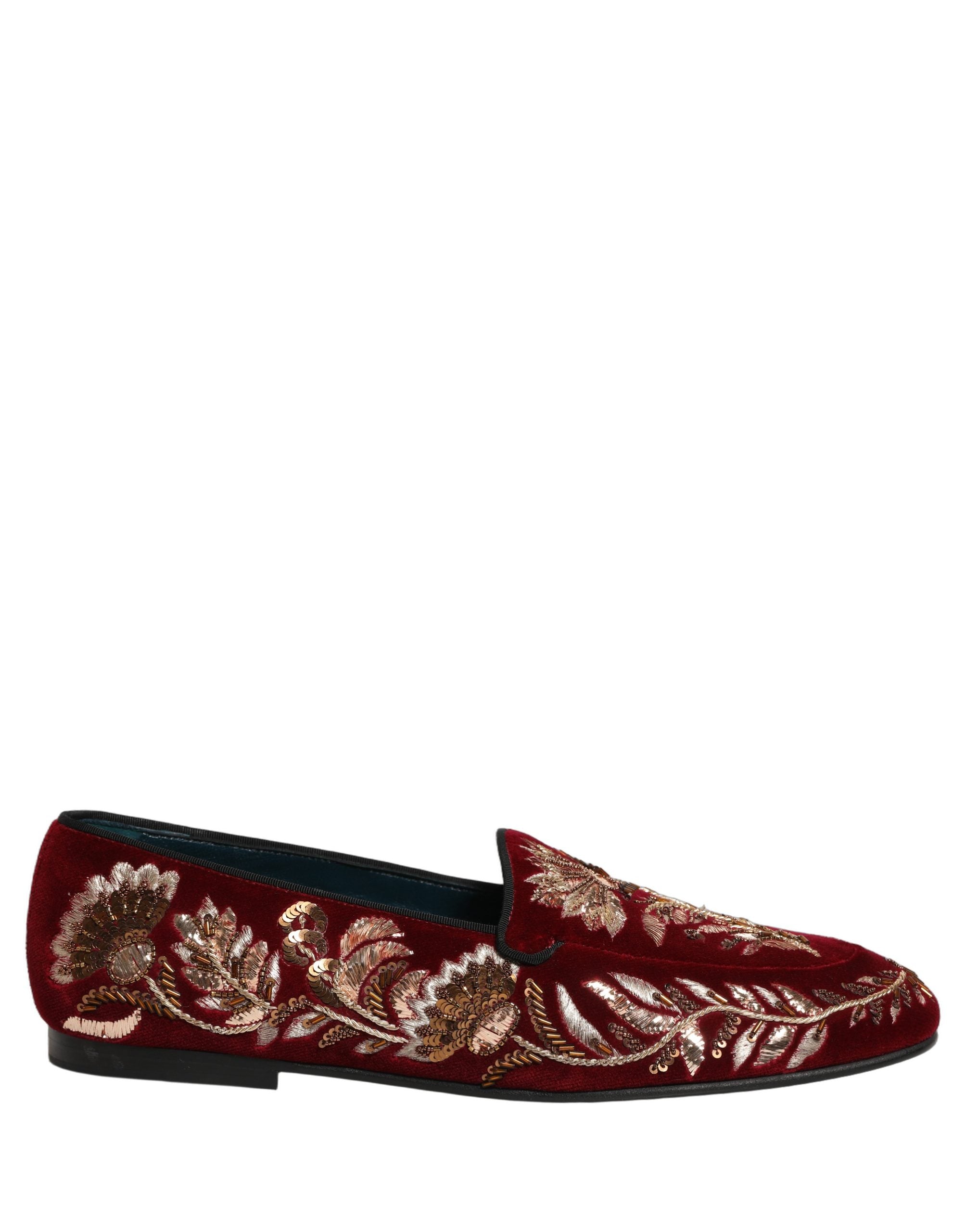 Dolce & Gabbana Red Velvet Floral Embroidery Loafers Shoes Dolce & Gabbana