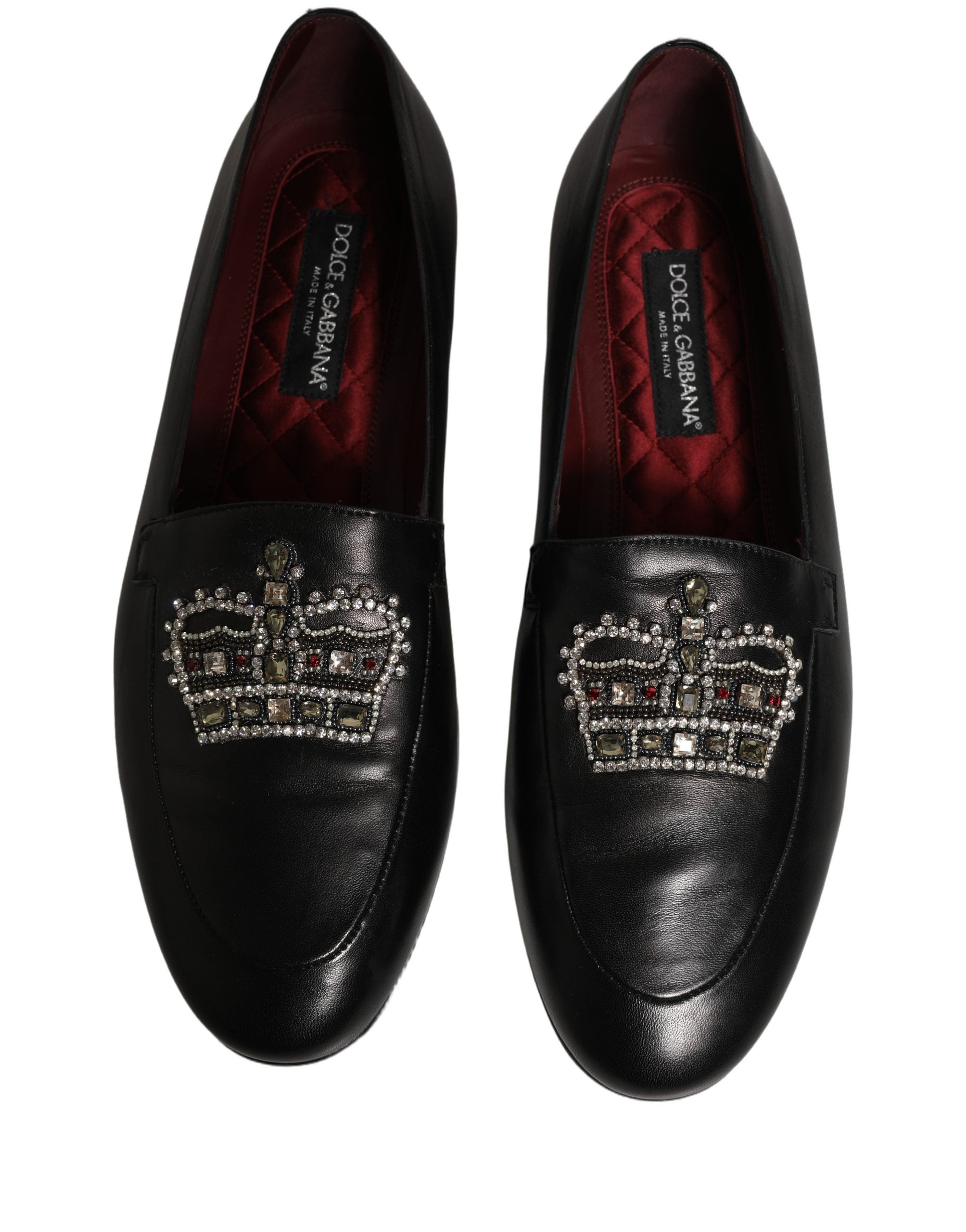 Dolce & Gabbana Black Leather Crown Embellished Loafers Shoes Dolce & Gabbana