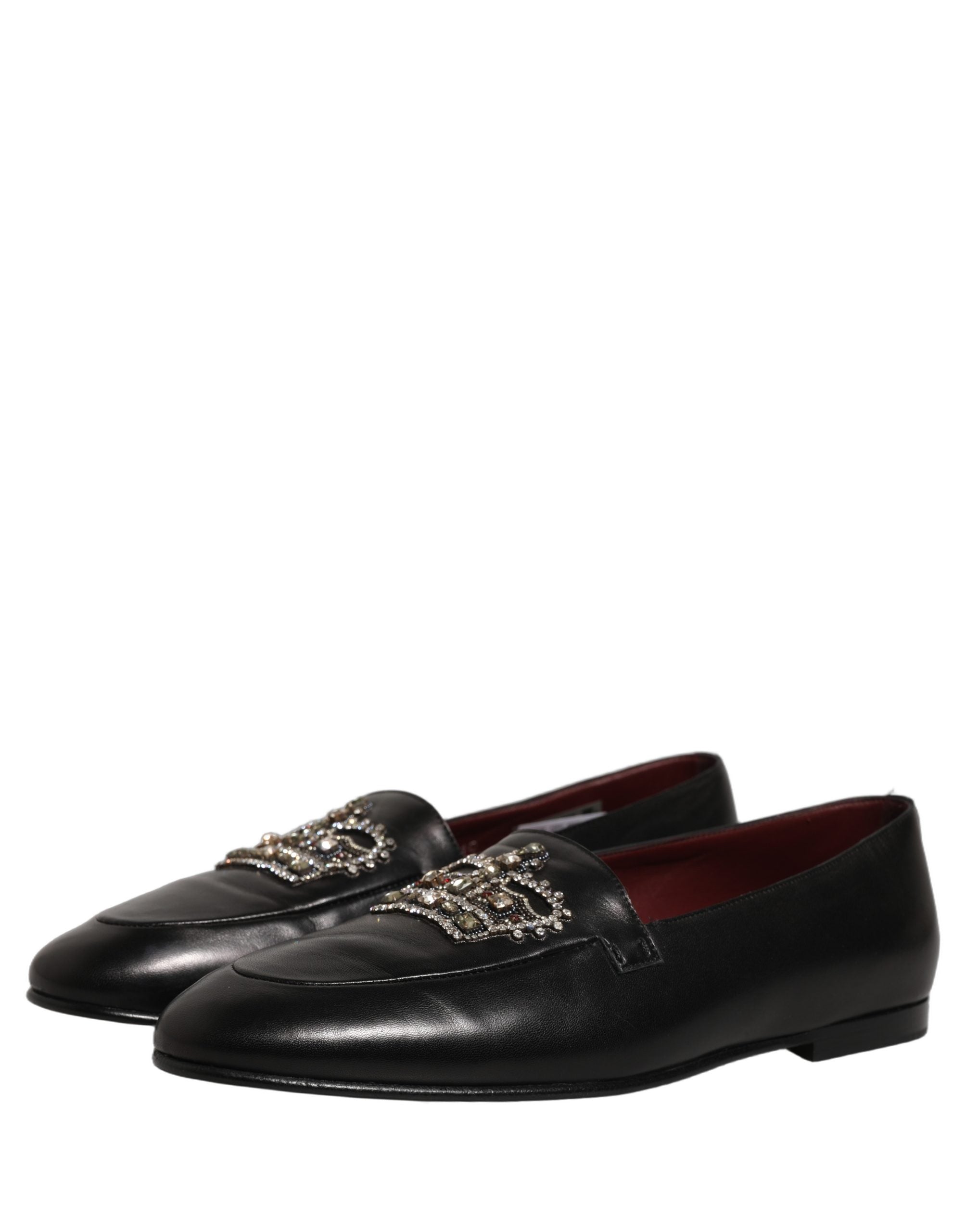 Dolce & Gabbana Black Leather Crown Embellished Loafers Shoes Dolce & Gabbana